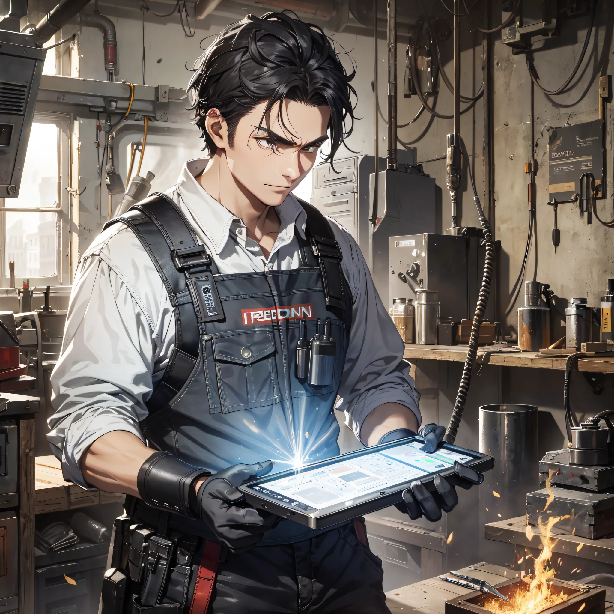 Absurd resolution, high resolution, (masterpiece: 1.4), hyper-detail, young man messy short black hair, welder dressed up, on the phone (1.2), smug expression, workbench, tech-sense screen