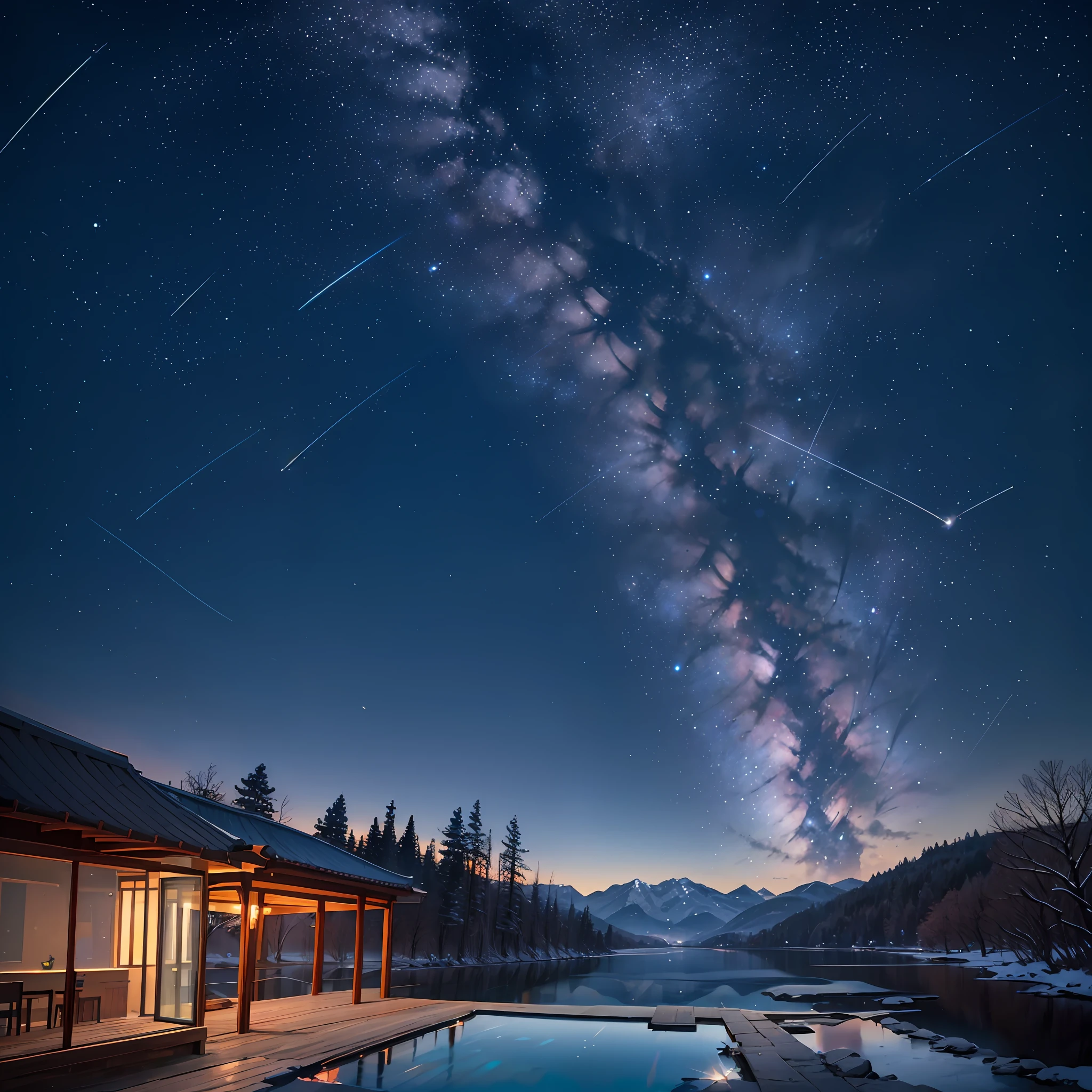 Expansive Sky: Showcase the vastness of the night sky, allowing the stars and shooting stars to occupy a significant portion of the composition.
Dynamic Shooting Stars: Capture the movement and energy of the shooting stars as they streak across the sky, creating a sense of motion and wonder.
Serene Landscape: Consider adding a tranquil landscape, such as distant mountains or a calm body of water, to enhance the sense of peace and serenity. --auto --s2