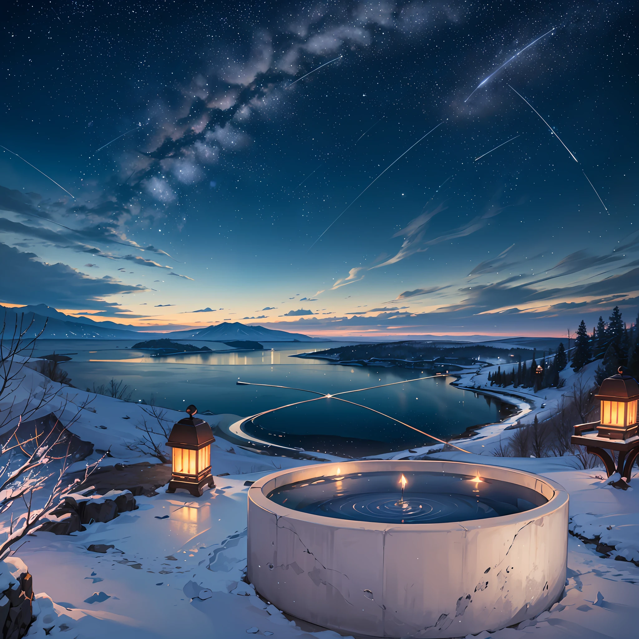 Expansive Sky: Showcase the vastness of the night sky, allowing the stars and shooting stars to occupy a significant portion of the composition.
Dynamic Shooting Stars: Capture the movement and energy of the shooting stars as they streak across the sky, creating a sense of motion and wonder.
Serene Landscape: Consider adding a tranquil landscape, such as distant mountains or a calm body of water, to enhance the sense of peace and serenity. --auto --s2