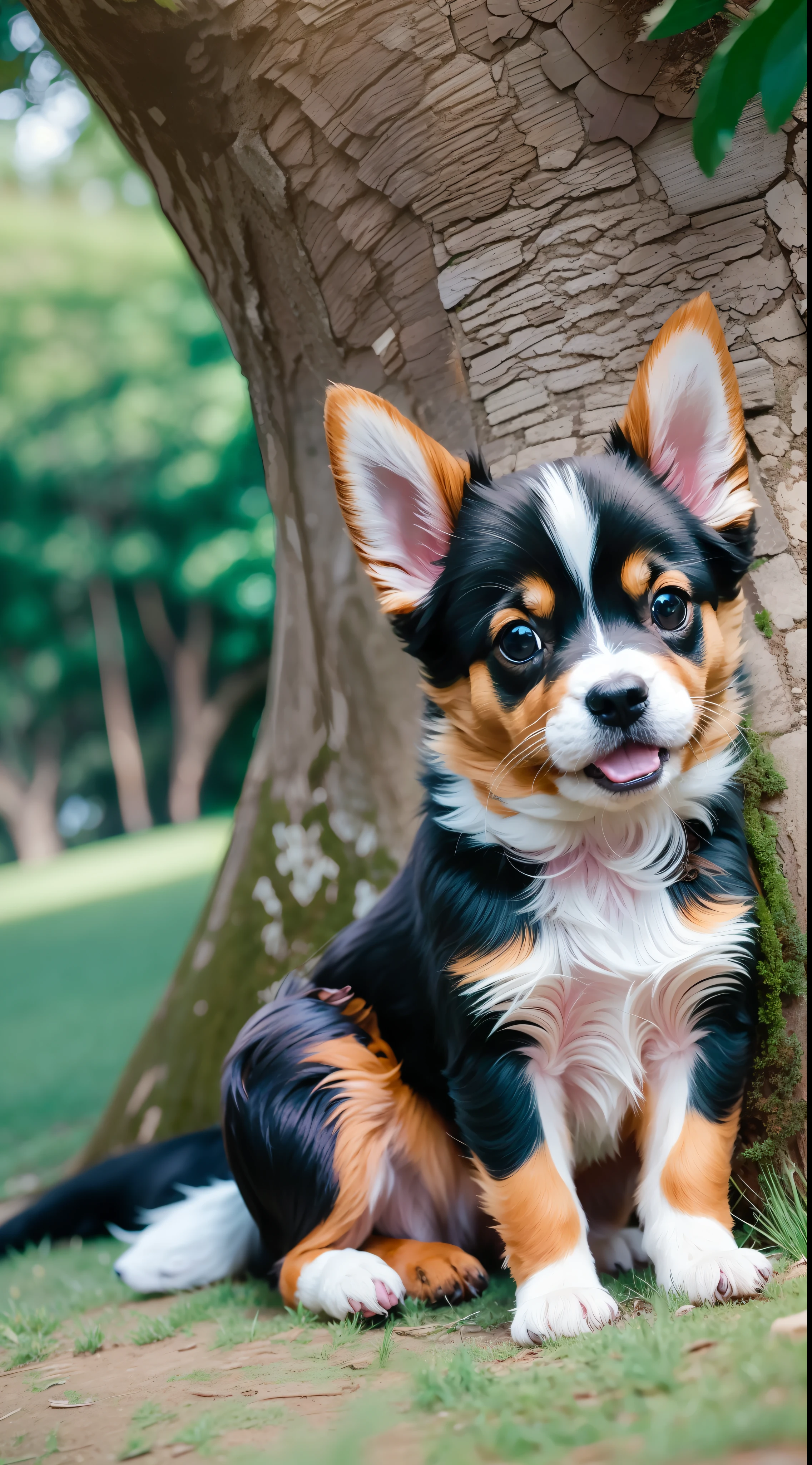 Puppy, small dog, sitting on lawn with a big tree in the distance, happy, smiling, masterpiece, 8k, high resolution, highest texture, better face, rich detail, (super realistic) --v6