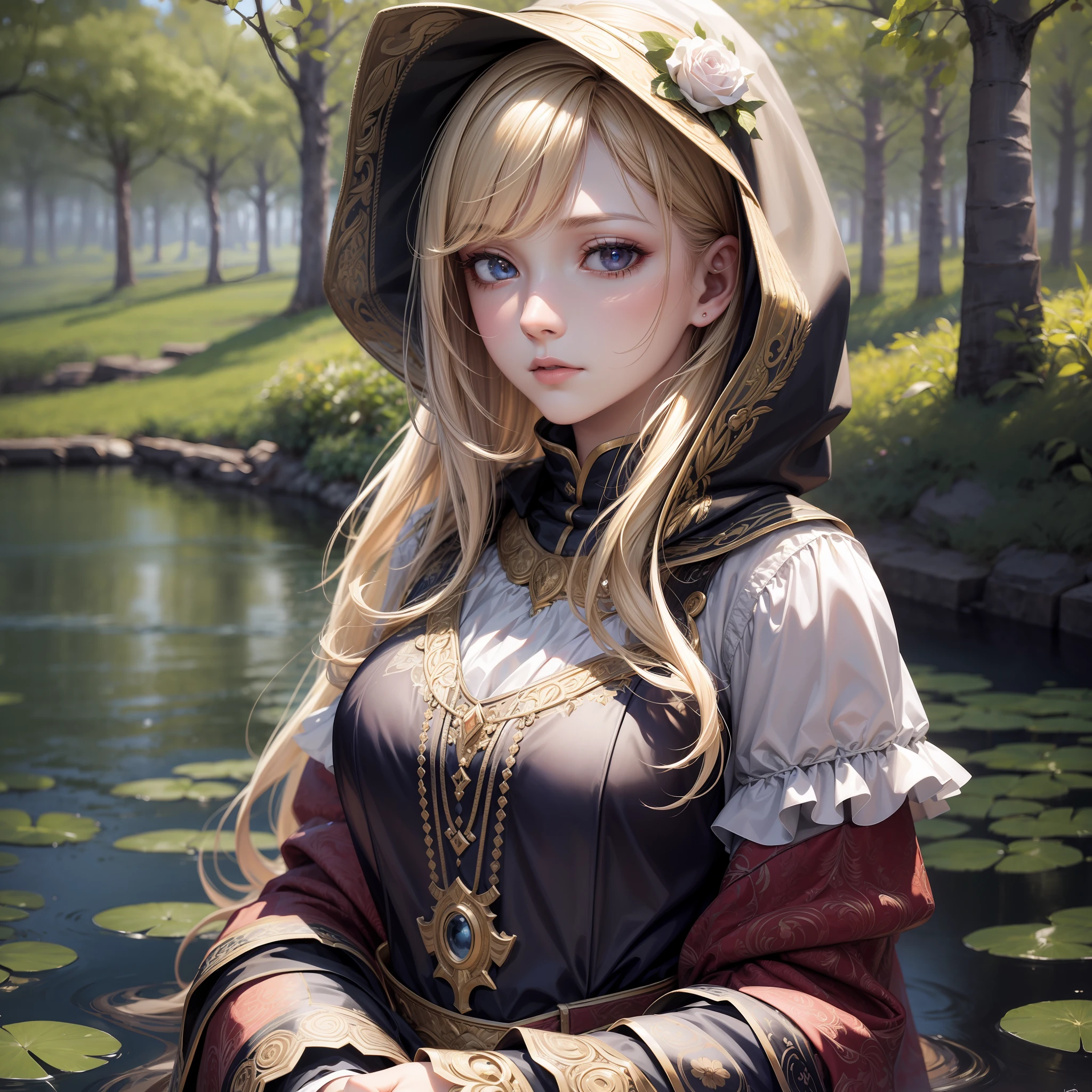 (masterpiece, ultra quality, high resolution, 8k, intricate: 1.2), (detailed face: 1.2), beautiful, white skin, double eyelids, detailed skin, 1boy, ((realistic)), abs, good lighting quality, ((pale skin)), Girl, masha style and the bear, blonde with hood and pink dress, long hair, big trees background, with pond on background --auto --s2