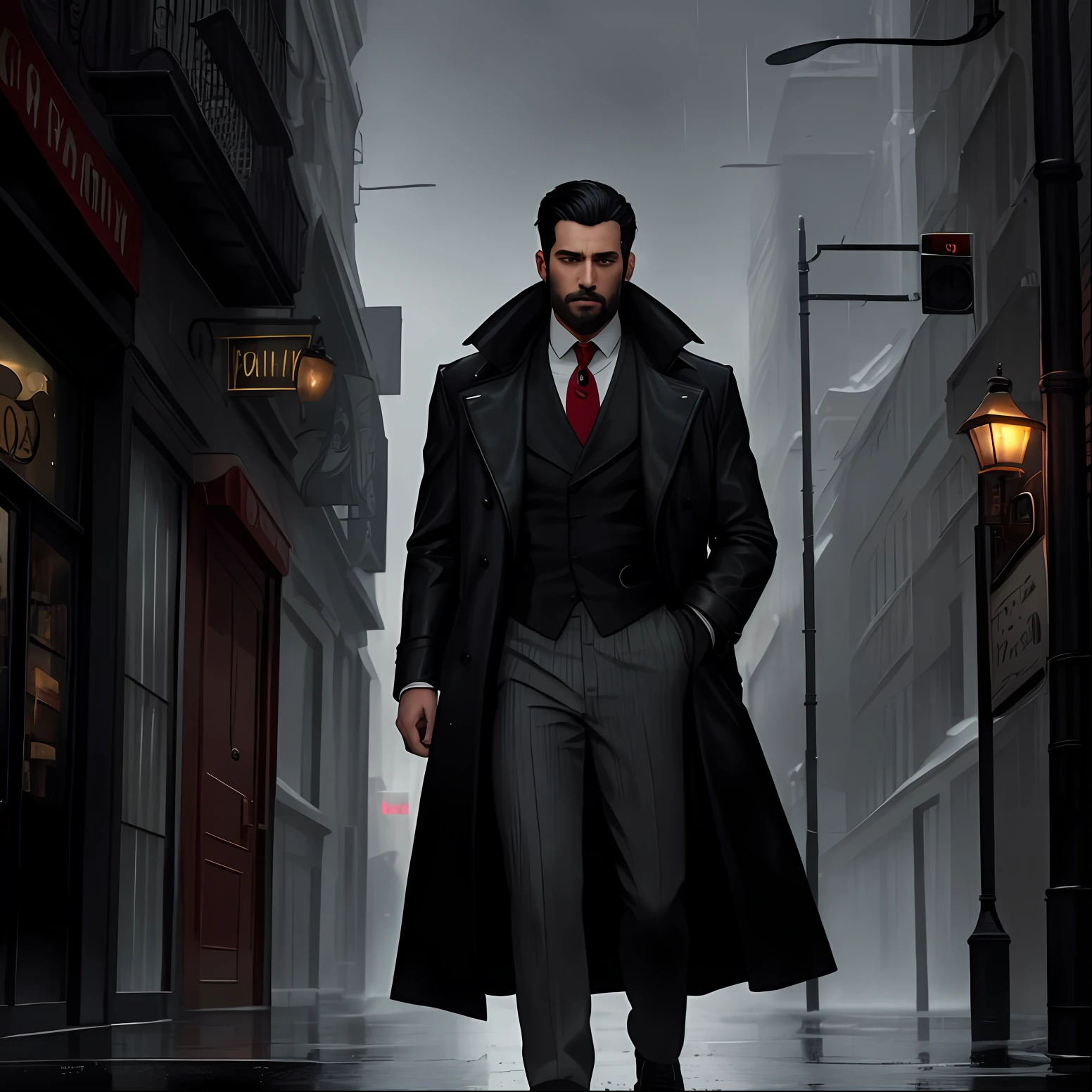 Man standing, gray overcoat over a dark gray suit, maple vest with a black shirt and red tie, medium black hair, beautiful black beard, (masterpiece, best quality: 1.2), ultra-detailed face, (soft colors: 1.2, dark studio, rim lighting, two-tone lighting, poorly lit, discreet, ), ((heavy rain weather)), long leather raincoat, a poster for a 1930s \(style\), noir detective film, (noir atmosphere: 1), dark atmosphere, night town street, emphasis on color noir, New York in the 1930s, trend in ArtStation, trend in CGSociety, Intricate, High Detail, dramatic painting art, photorealistic by midjourney and greg rutkowski,