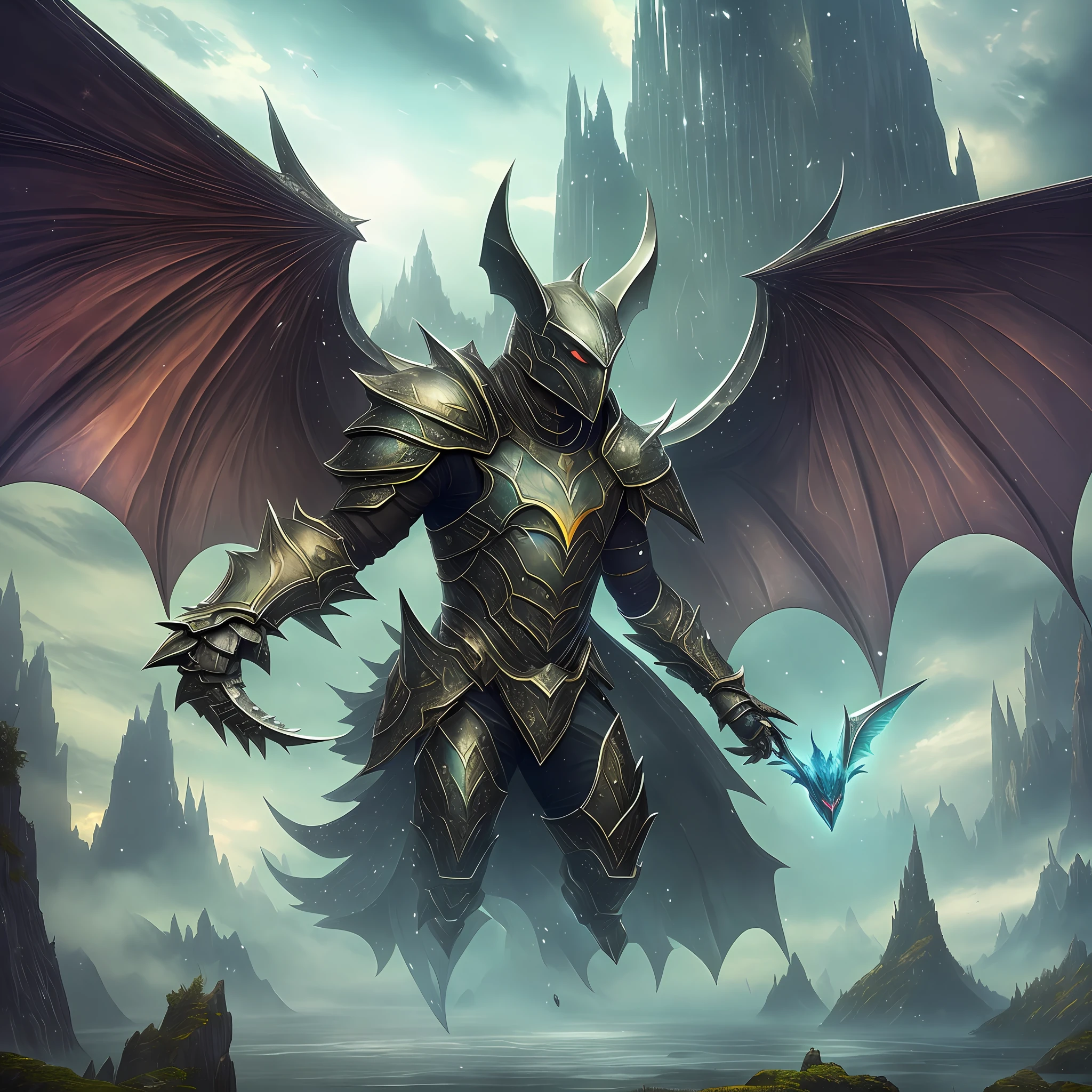 Discover the legend of the Humanoid Bat in Armor, in a digital and ultra-realistic work of art. This legendary creature is seen floating above a magical landscape, with its shimmering armor and giant wings. A surreal and impressive image that captures the essence and mystery of this legend. (masterpiece:1.5, ultra-detailed:1.2, magic:this creature legend, floating:1.2, armor:1.3, wings:1.2, giant::1.3, surreal:1.2, impressive:1.2, mystery:1.2, landscape:1.1) --auto --s2