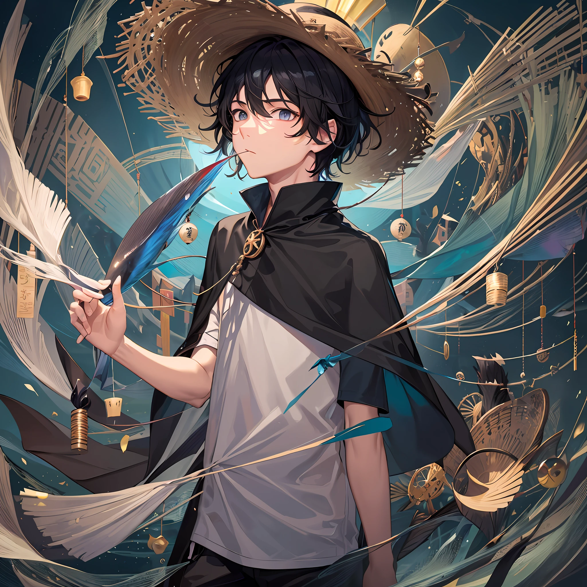 Black-haired male pupil, boy, short-sleeved shorts, wearing a long cape, a straw hat with two streamers and countless wind chimes, blowing a green flute on the back of a huge fish made of water, leading more fish behind him