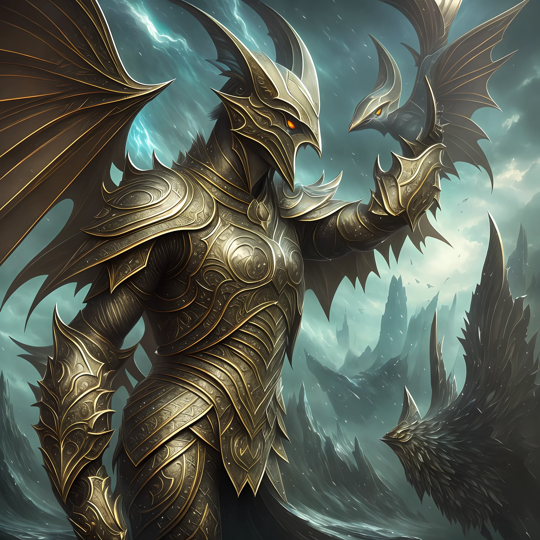 Discover the legend of the Humanoid Bat in Armor, in a digital and ultra-realistic work of art. This legendary creature is seen floating above a magical landscape, with its shimmering armor and giant wings. A surreal and impressive image that captures the essence and mystery of this legend. (masterpiece:1.5, ultra-detailed:1.2, magic:this creature legend, floating:1.2, armor:1.3, wings:1.2, giant::1.3, surreal:1.2, impressive:1.2, mystery:1.2, landscape:1.1) --auto --s2