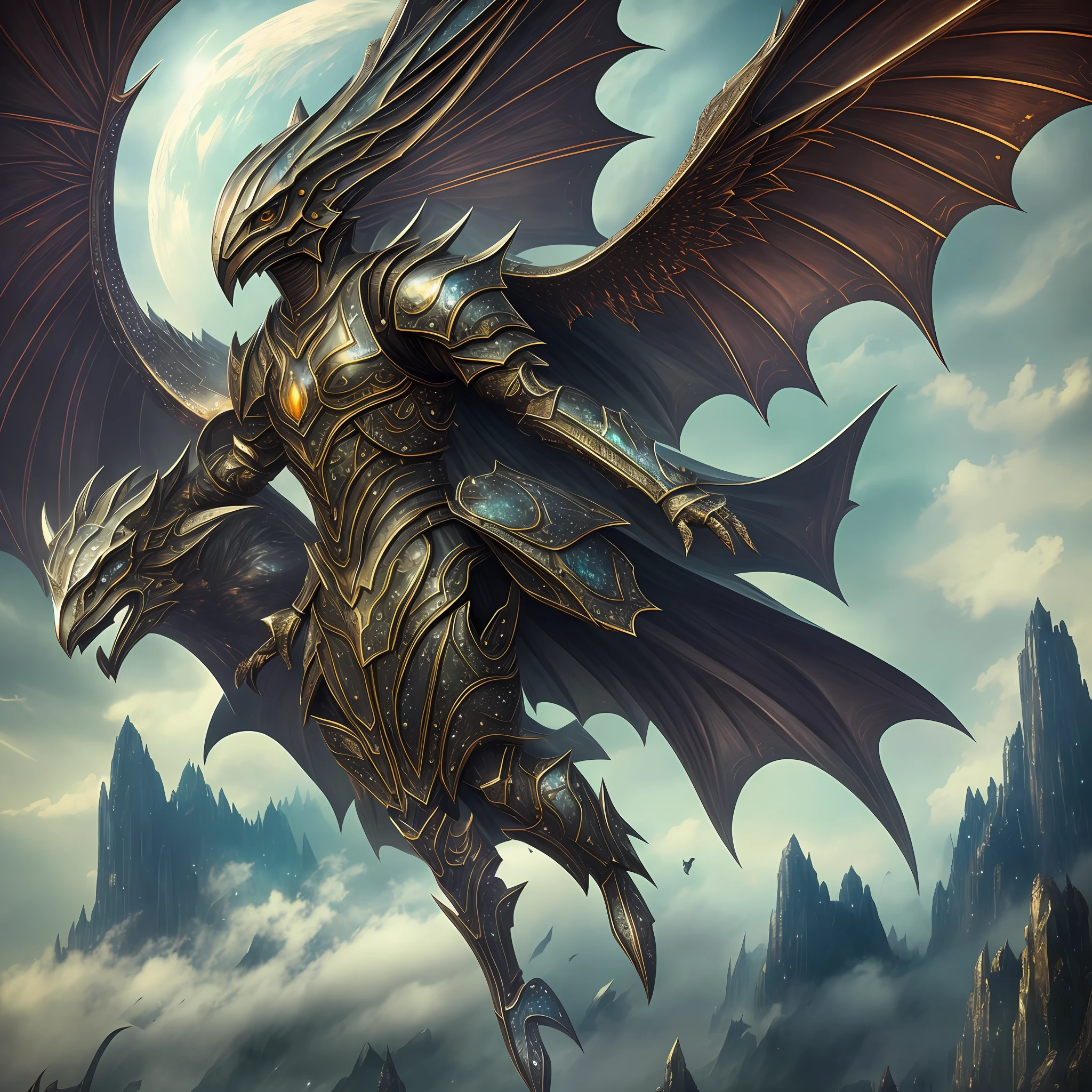 Discover the legend of the Humanoid Bat in Armor, in a digital and ultra-realistic work of art. This legendary creature is seen floating above a magical landscape, with its shimmering armor and giant wings. A surreal and impressive image that captures the essence and mystery of this legend. (masterpiece:1.5, ultra-detailed:1.2, magic:this creature legend, floating:1.2, armor:1.3, wings:1.2, giant::1.3, surreal:1.2, impressive:1.2, mystery:1.2, landscape:1.1) --auto --s2