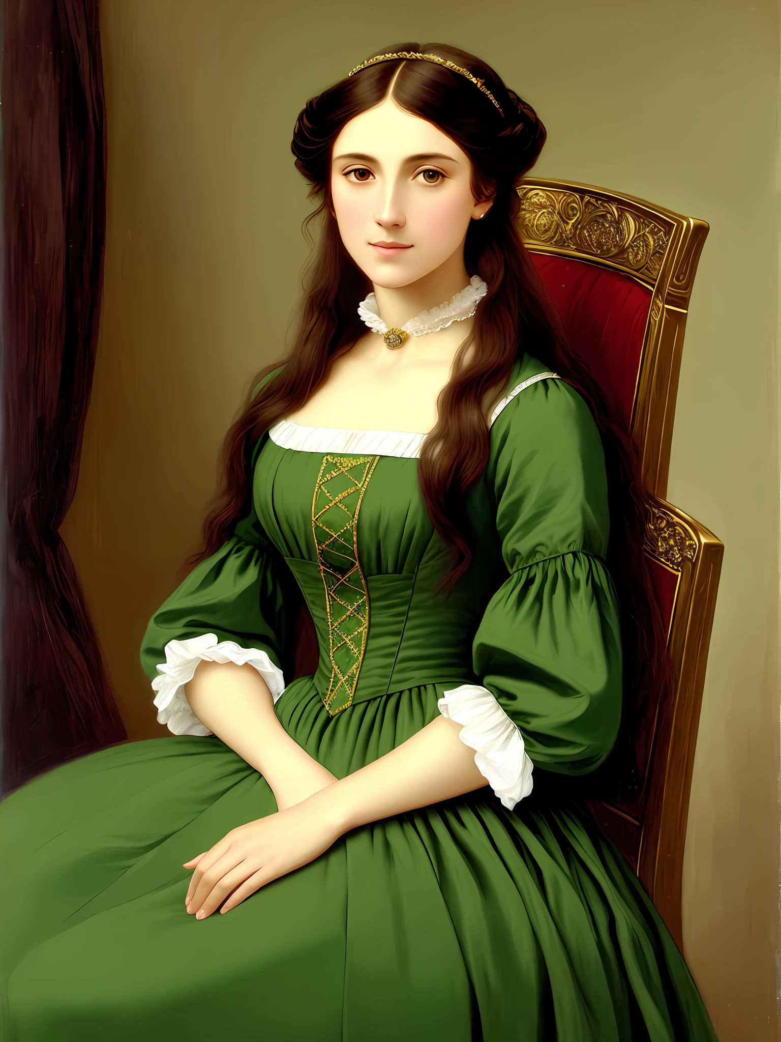(1 woman) (20 years) Maiden, long hair, brown eyes, regency style dress, green dress, 19th century, aristocratic, painting, location on chair, looking at the camera. Oil painting, portrait, upper body, soft colors, masterpiece, ultra high resolution, high quality. Pre-Raphaelite picture.
