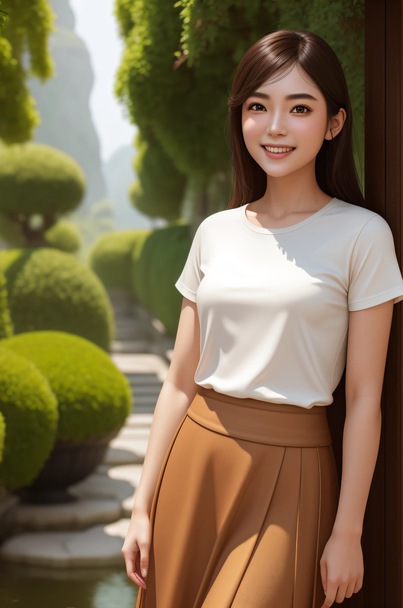 (highly detailed CG unity 8k wallpapers), full shot body photos of the most beautiful artwork in Japan, professional majestic oil paintings by Ed Blinky, beauty, adorable smile, thin cut, fine eyebrows, brown hair, Antonio Moro, ArtStation trend, CGSociety trend, High Detail, 1girl, pectoral_focus, Dramatic and realistic pictorial art by Midjourney and Greg Rutkowski, beautifly face, t-shirt, blouse, skirt, perfect_body.leaning_forward