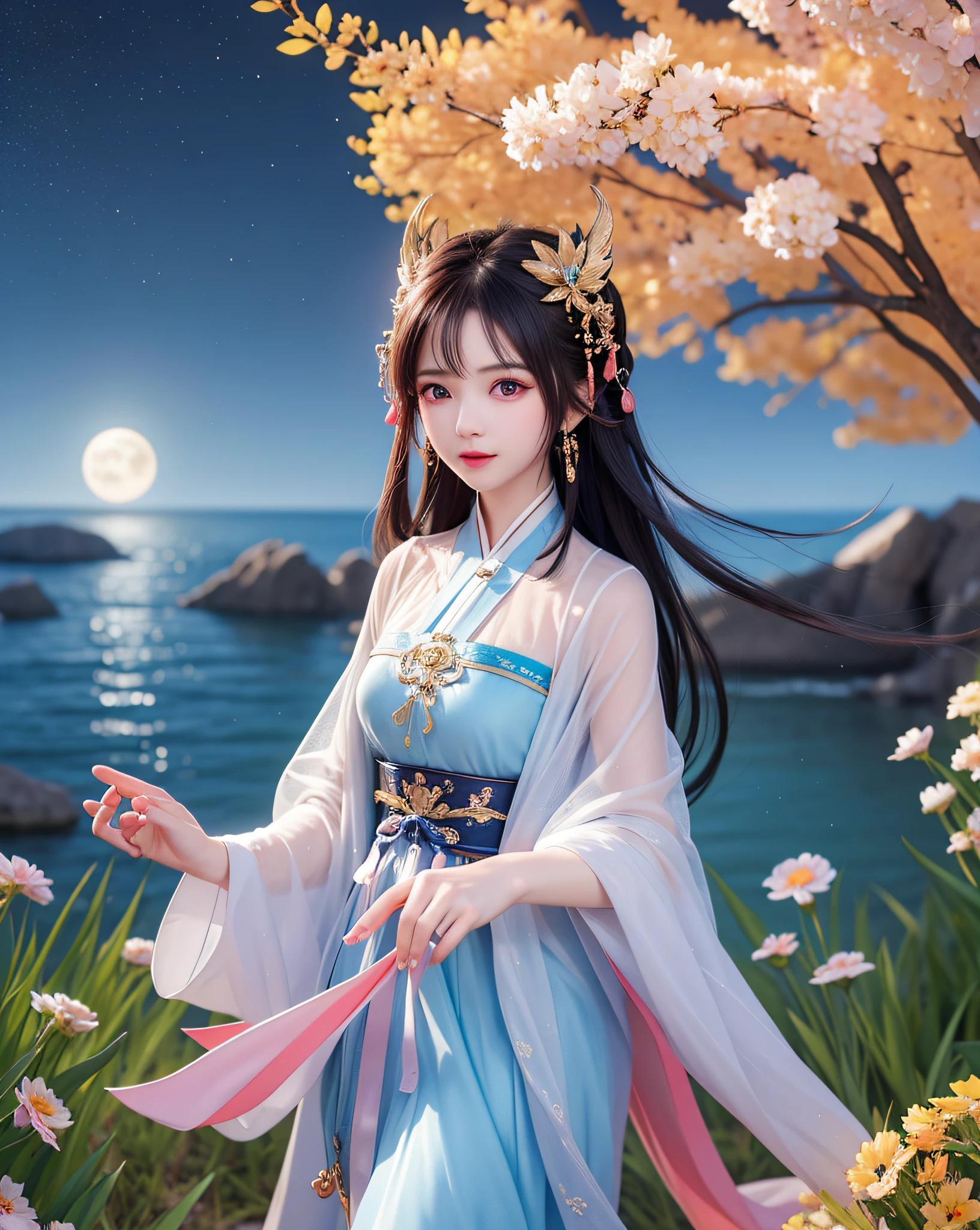 (8k, RAW photo:1.2), best quality, ultra high res,dramatic angle,(fluttered detailed color splashs), (illustration),(((1 girl))),(long hair),(rain:0.9), (头饰:1.4),少女身边有一座古宫,汉服,(重点),彩色水墨画,(泼彩),泼彩,(((colorful))),(素描:0.8) , Masterpiece, best quality, beautiful painted, highly detailed,(denoising:0.6),[splash ink],((ink refraction)), (beautiful detailed sky),moon,highly,detaild,(masterpiece, best quality, extremely detailed） CG unity 8k壁纸，杰作，最好的质量，超详细），（石蒜），