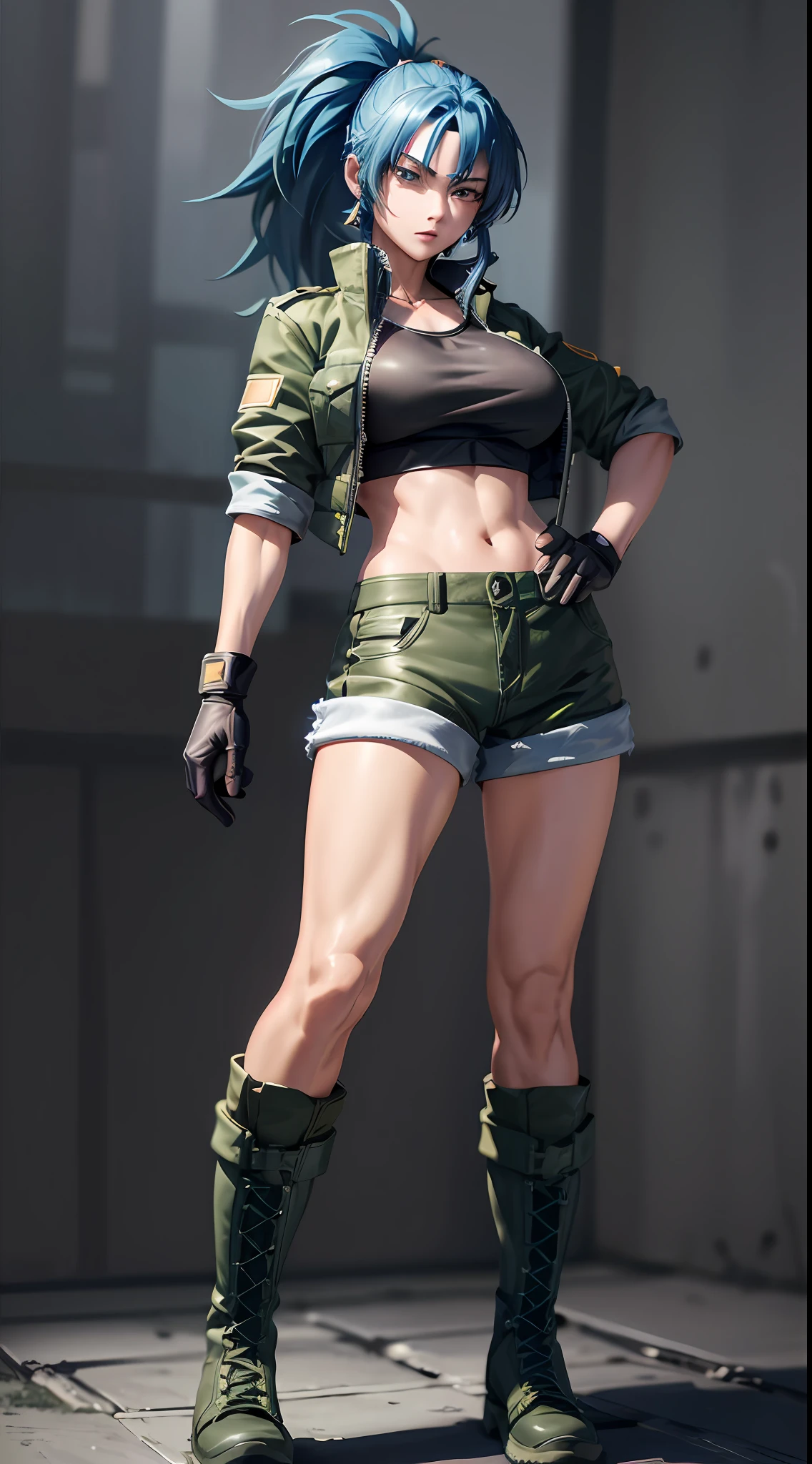 Masterpiece, best quality, high resolution, 1girl, leona heidern, standing, blue hair, gloves, blue eyes, ponytail, boots, shorts, green shorts, midriff, crop top, black gloves, breasts, military uniform, green jacket, combat boots, earrings, jewelry, navel, big breasts,