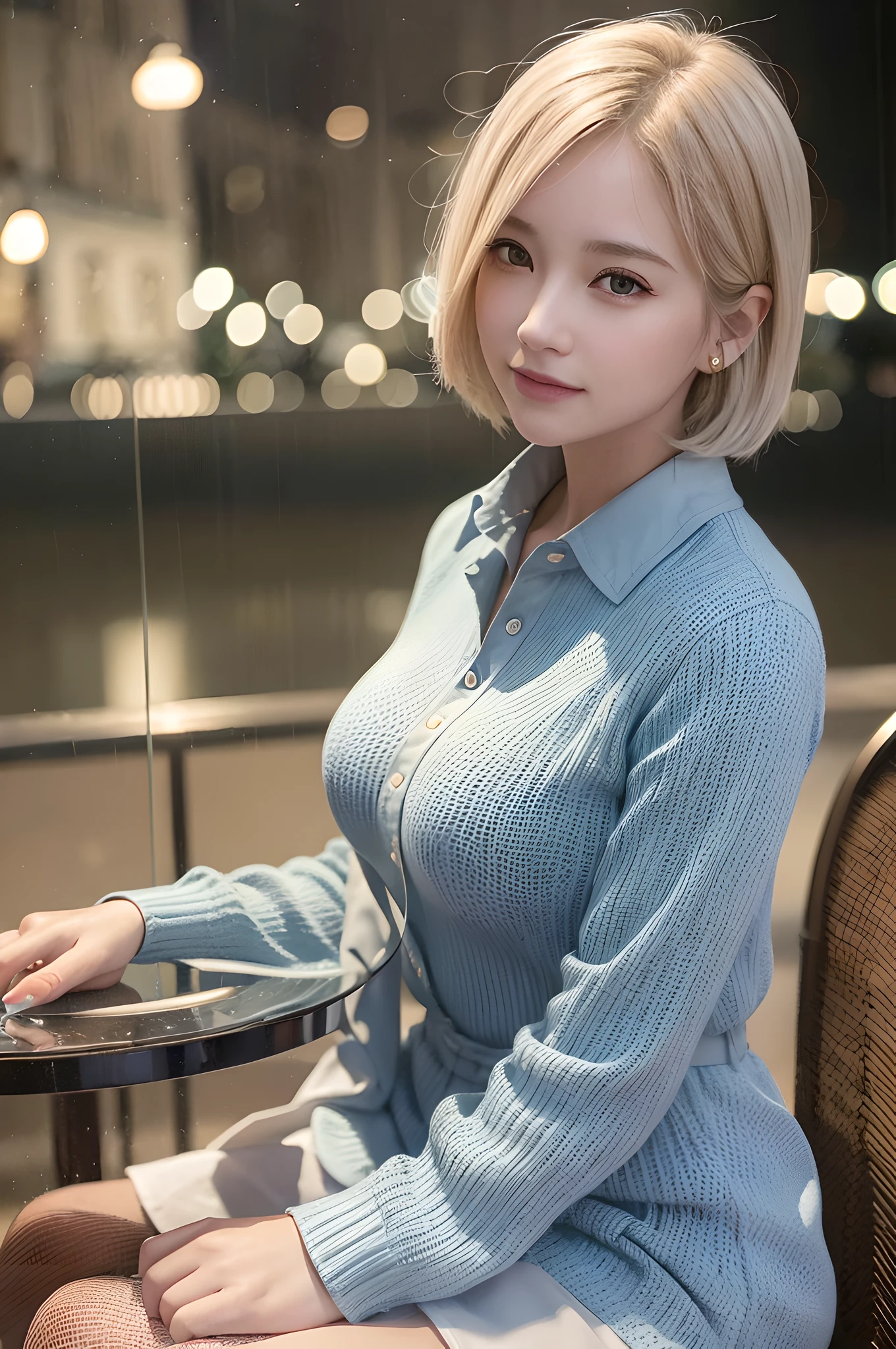 (8k, best quality, masterpiece:1.2), (realistic, photo-realistic:1.37), ultra-detailed, 1 girl, cute, solo, beautiful detailed sky, detailed cafe, night, sitting, dating, (nose blush), (smile:1.15), large breasts, beautiful detailed eyes, (collared shirt:1.1), night, wet, business attire, rain, white lace, (short hair:1.2), floating hair NovaFrogStyle,
