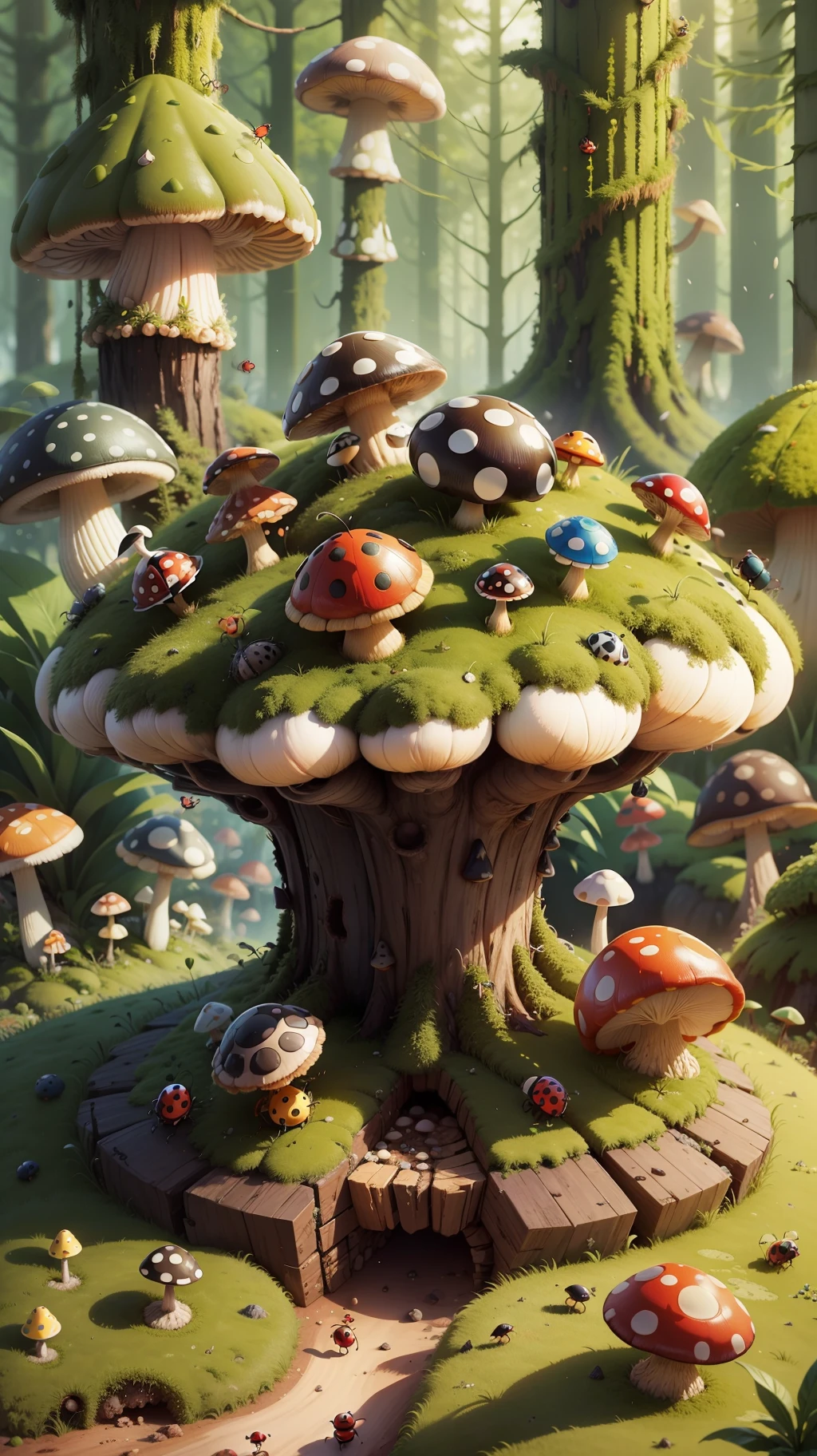 anthill made from huge mushroom with small ladybug and caterpillar in mossy area hyper detail --auto --s2
