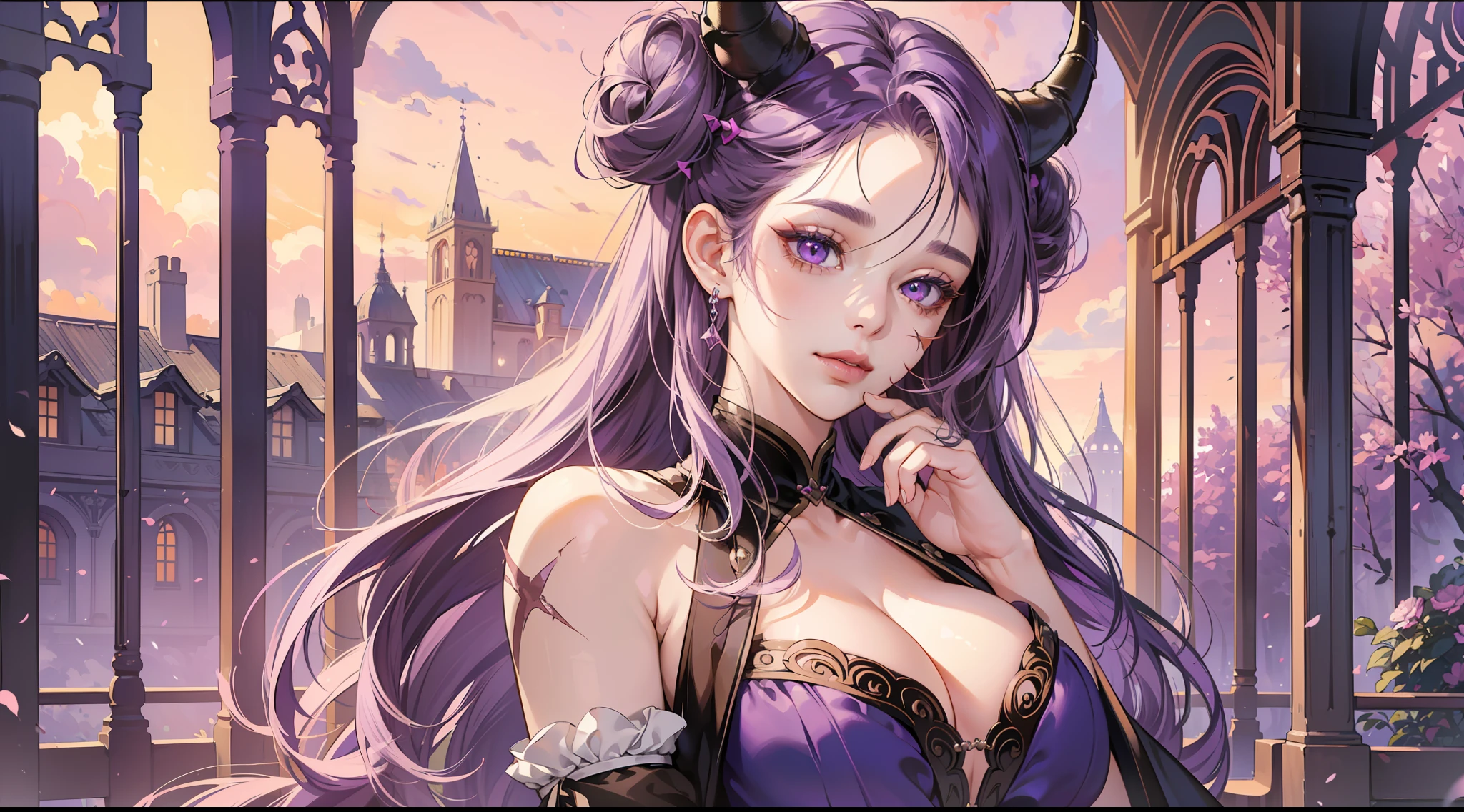 ((highest quality, masterpiece, 4k, finely detailed, detailed eyes, detailed face, intricate details, gelbooru, pixiv)), warm lighting, ((solo)), 1girl, ((long curly purple hair, twin buns, demon horns, bangs with big middle piece)), ((purple eye color, gentle eyeshape)), seductive strong pose, looking at viewer, lips slightly parted, full lips smiling, purple color scheme, big soft breasts, (top with boob window, hot pants, stockings, modern clothing), (((scar on nose))), neo fantasy background, garden background, pink sky, ((standing pose))