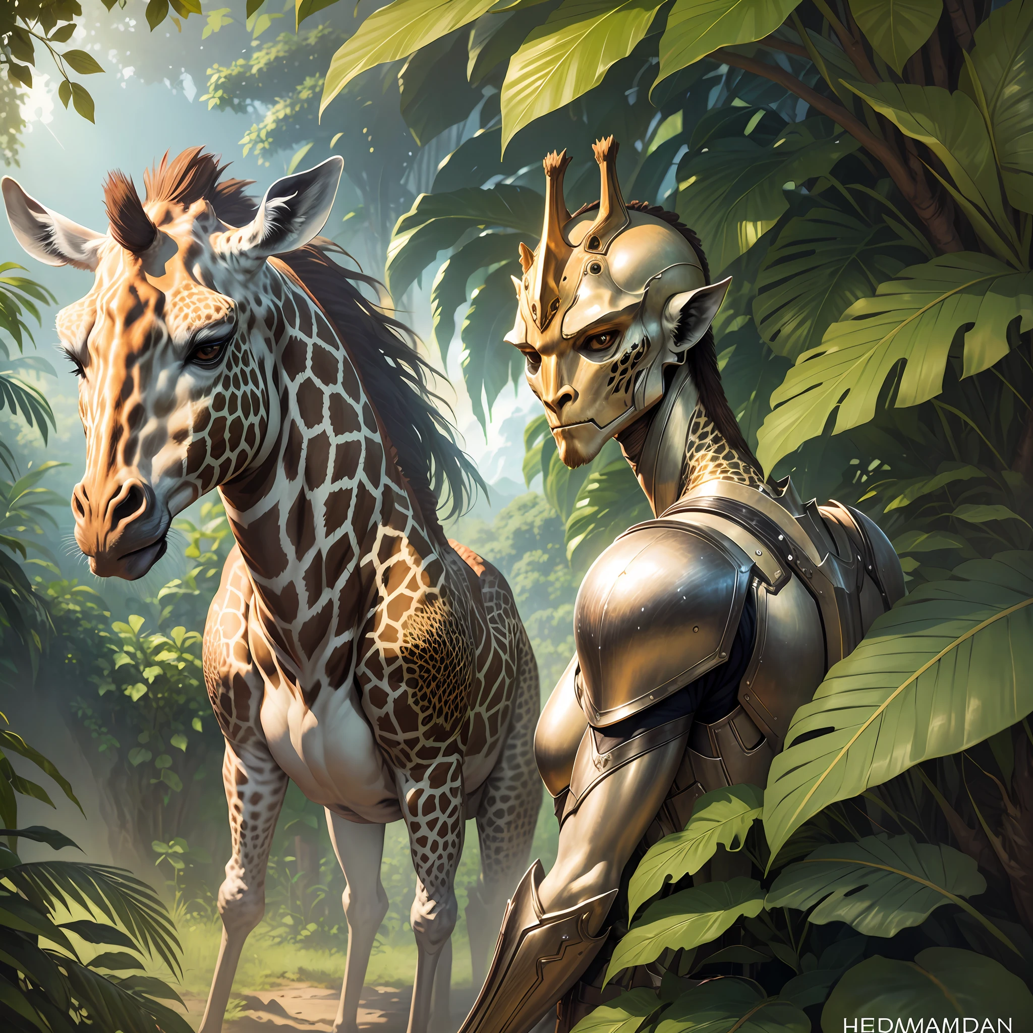 High quality image of humanoid giraffe with armor in realistic style, with surrounding tropical scenery, natural light and dynamic shadows. The humanoid giraffe should be highly detailed, with heroic posture, calm expression, smooth texture and bedridden details.

(Prompt in Portuguese/en) --auto --s2