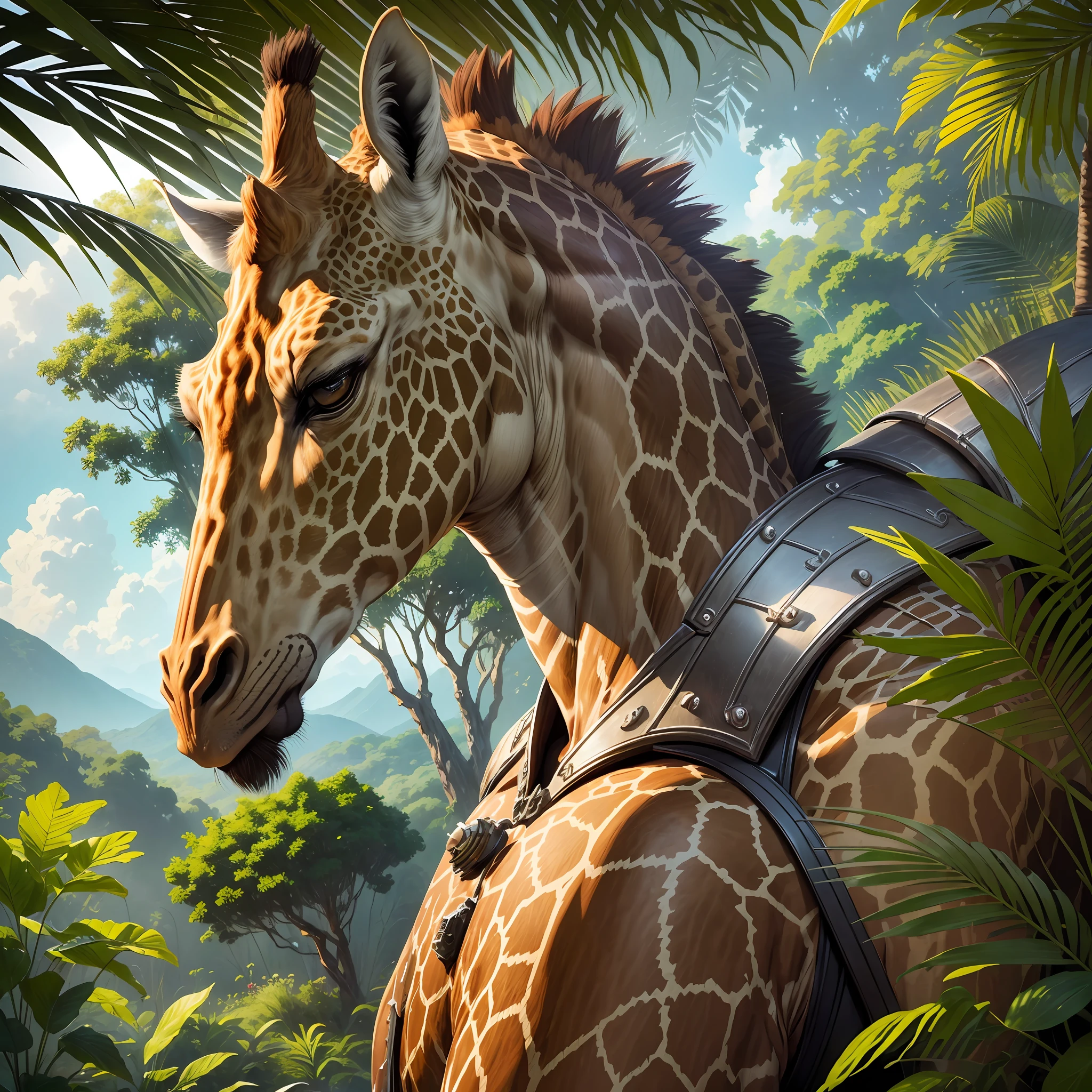 High quality image of humanoid giraffe with armor in realistic style, with surrounding tropical scenery, natural light and dynamic shadows. The humanoid giraffe should be highly detailed, with heroic posture, calm expression, smooth texture and bedridden details.
(Prompt in Portuguese/en) --auto --s2