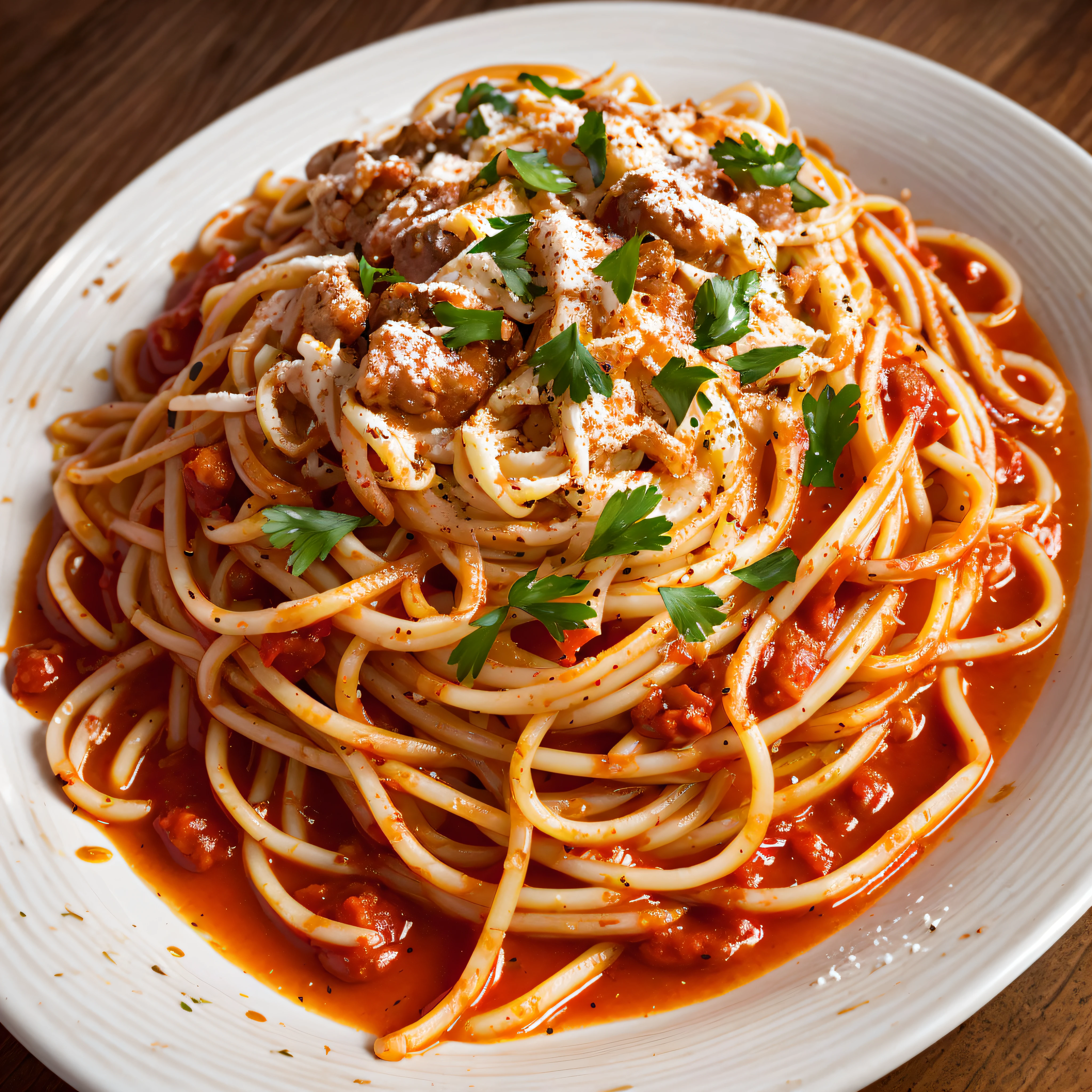 a closeup of a pasta with red sauce on a plate,juicy noodles, high quality food photography, noodles, easy, (ultra realistic, realistic and coherent, mixed art, professional food photography, ready to eat, an ultra realistic, looks realistic, a hyper realistic, very very realistic, incredibly realistic, noodles, 4k food commercial, very realistic