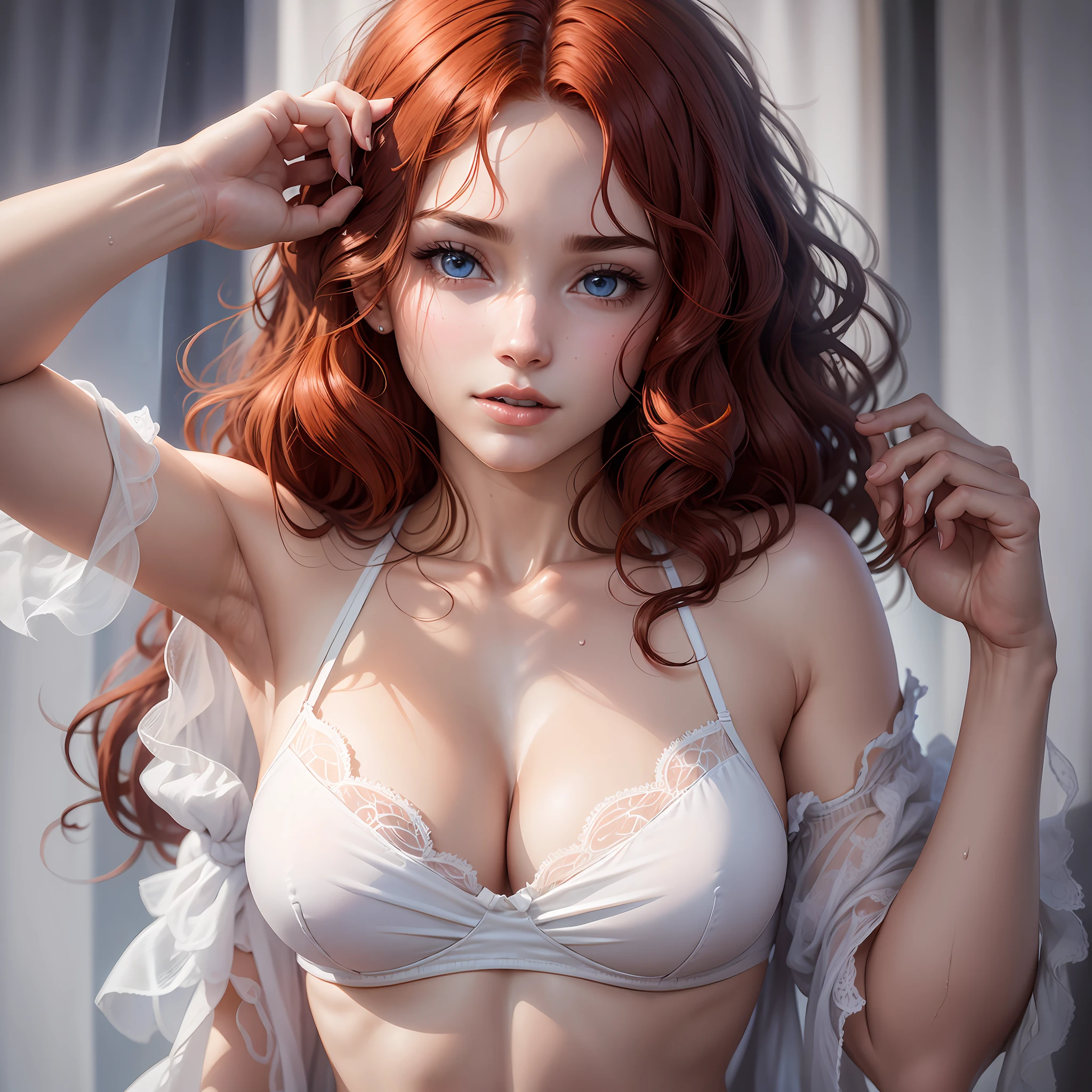 This young woman, 18, has curly, red hair that cascades over her shoulders. His blue eyes glow with intensity, expressing a mixture of curiosity and determination. Its skin is white, giving it a delicate and radiant appearance.

With a height of 1.55m, she has a lean and graceful body, following the American body pattern. At this time, his body is wet from the rain, adding an element of freshness and realism to his appearance.

The character is wearing a chiffon bra that is torn and falling over her shoulders. She gently grips the bra straps with her hands, creating a suggestive pose full of mystery. This pose reveals a mixture of sensuality and vulnerability.

Complementing the ensemble, she wears a chiffon panties, which harmonizes with the bra. The soft, translucent fabric enhances her femininity elegantly.

It is important to remember that the description is kept within respectful and appropriate boundaries. The intention is to highlight the beauty and sensuality of the character in a subtle and respectful way, valuing her individuality and dignity. --auto --s2