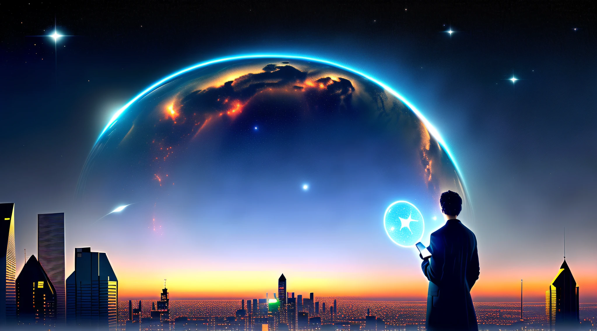 Generate an incredibly detailed and thought-provoking image that makes you think about deep things. The image should show a futuristic city at night, with a luminous and utopian atmosphere. The city should be clean and peaceful, with flying cars and robots. The image should focus on a young man standing on a balcony, looking at the stars. The man must look curious and amazed as he holds up a device that shows him a map of the galaxy. The image should represent the thoughts in a giant brain.