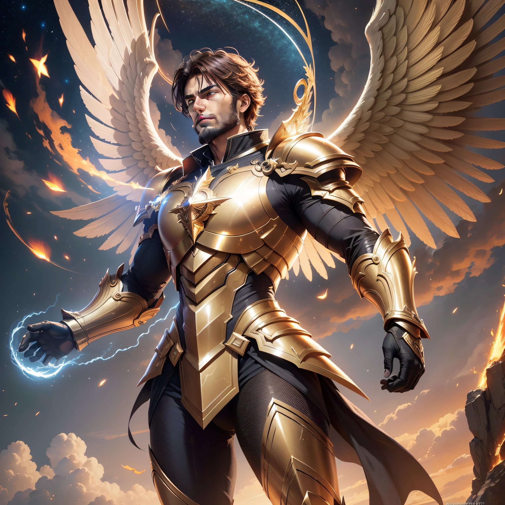 A powerful celestial Archangel (man), determined look, short brown hair, thin beard, resplendent wings, golden armor, flying over the universe, sunlight highlights his armor (masterpiece), (ultra-high quality), (Realistic), (high detail), CG unity wallpapers, Landscape view type, (Detailed lighting), realistic photo