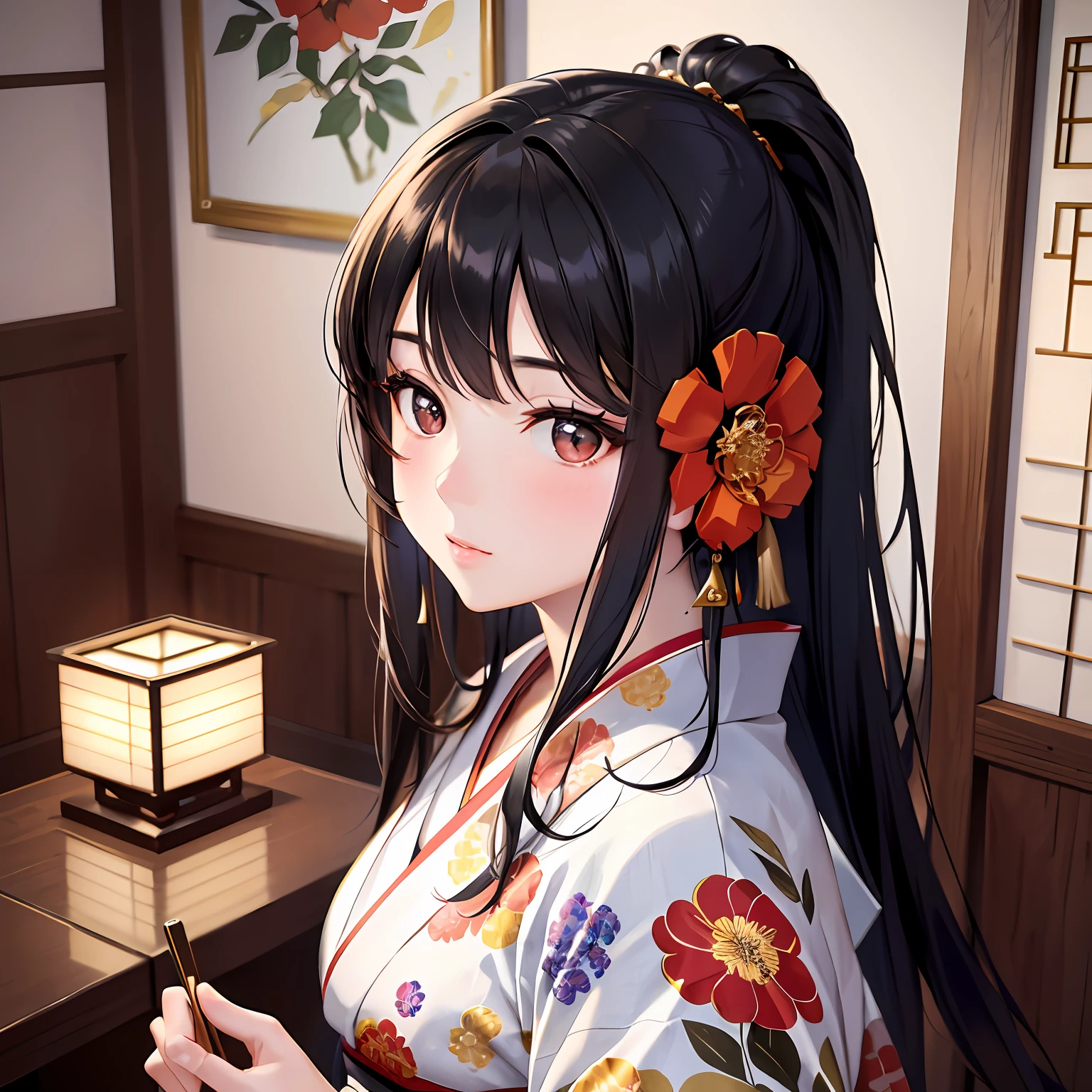 best quality, best brightness, best performance, best lighting, work of art, masterpiece, well-developed artwork magnificent art, well-developed art, a Japanese girl with eyes, long straight black hair with a slight fringe, fair skin, a floral kimono artistic background of a Japanese bedroom, beautiful, cinematic soft lighting, incredible eye details and well-drawn.