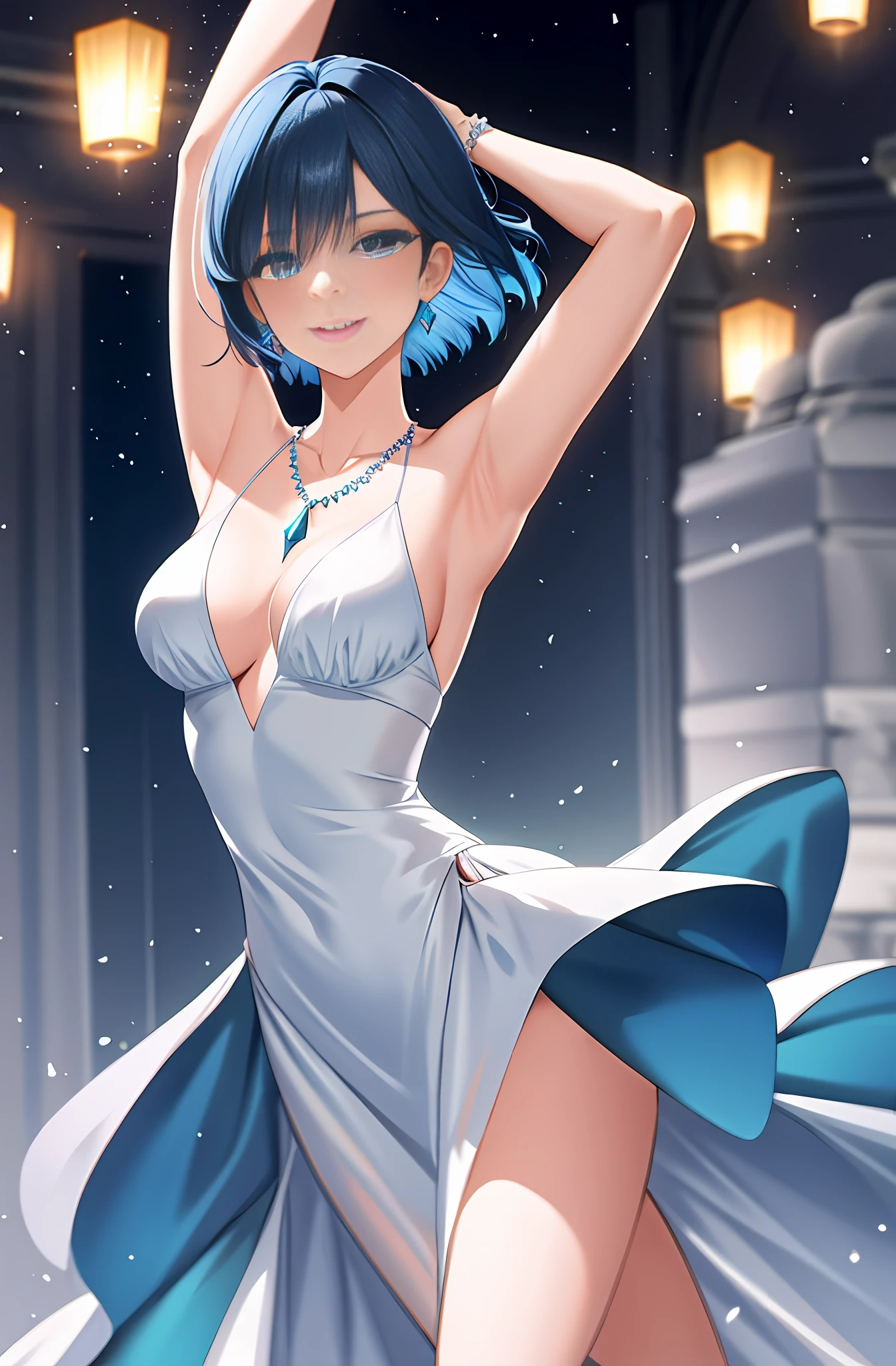 (extremely delicate and beautiful:1.2),1girl, bangs, blue eyes, blurry background, short hair, blue hair, closed mouth, from front, lantern, light particles, evening gown, dress, necklace, earrings, jewelry, sleeveless, bare shoulders, looking at viewer, night, solo, medium full shot, smile,red lips, medium breasts, mer1, one arm up, armpit