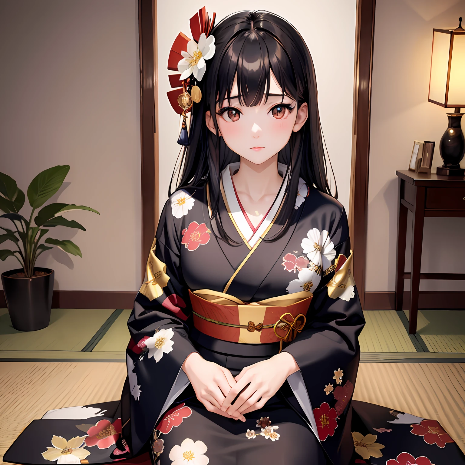 best quality, best brightness, best performance, best lighting, work of art, masterpiece, well-developed artwork magnificent art, well-developed art, a Japanese girl with eyes, long straight black hair with a slight fringe, fair skin, a floral kimono artistic background of a Japanese bedroom, beautiful, cinematic soft lighting, incredible eye details and well-drawn.