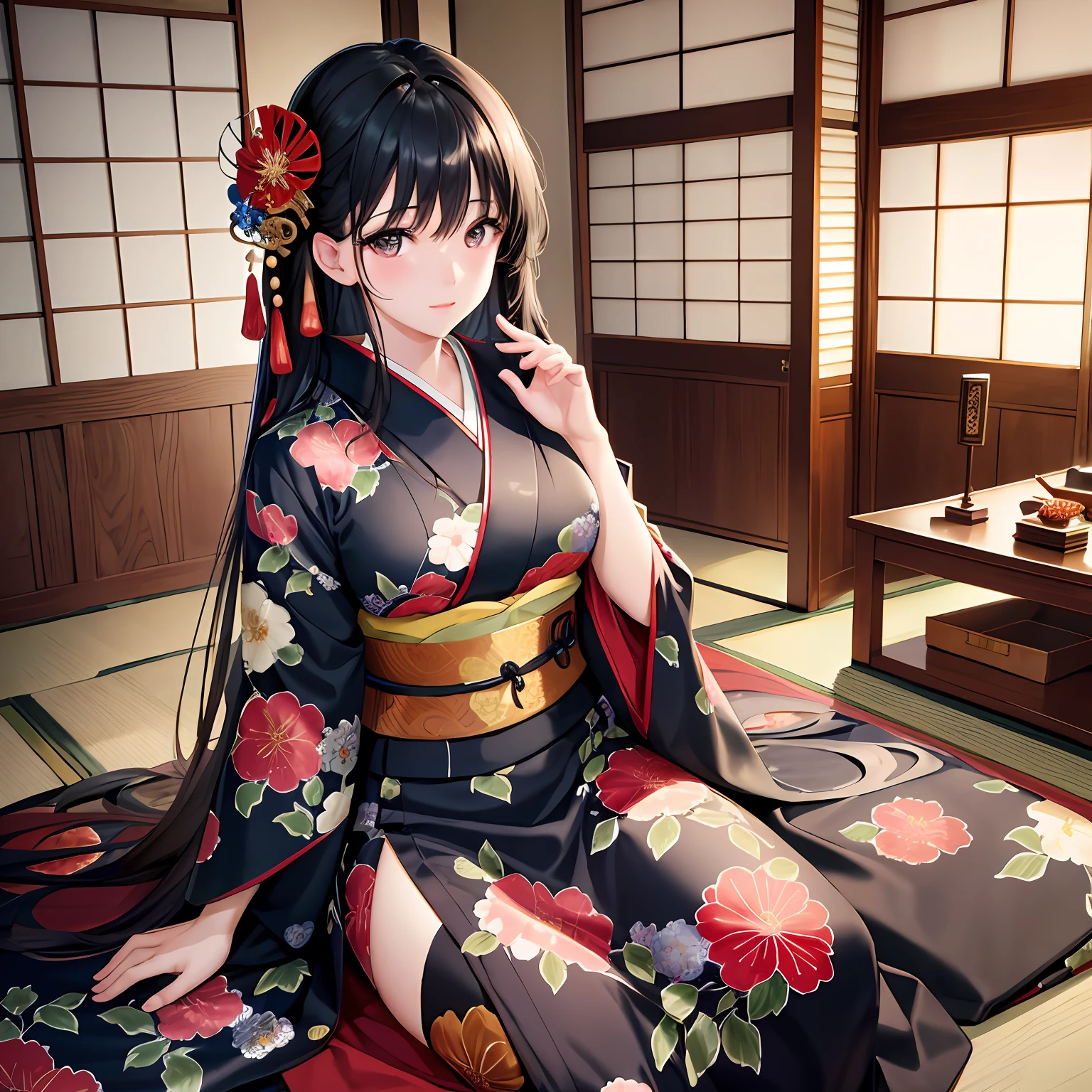 best quality, best brightness, best performance, best lighting, work of art, masterpiece, well-developed artwork magnificent art, well-developed art, a Japanese girl with eyes, long straight black hair with a slight fringe, fair skin, a floral kimono artistic background of a Japanese bedroom, beautiful, cinematic soft lighting, incredible eye details and well-drawn.