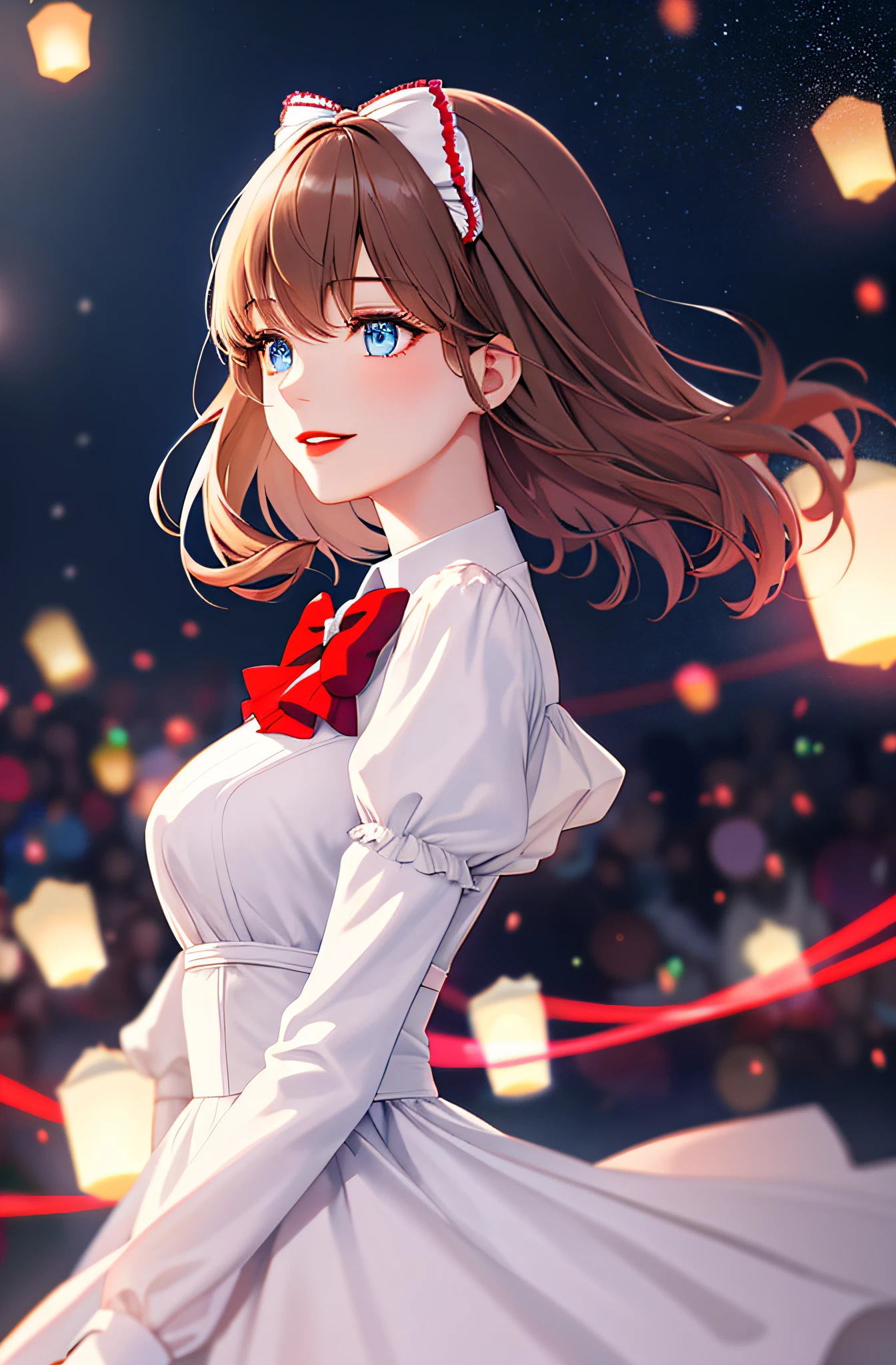 (extremely delicate and beautiful: 1.2), 1girl, bangs, blue eyes, blur, blur background, bow, brown hair, shut up, side view, hair between eyes, hair bow, lantern, light particles, long sleeves, look looking at audience, medium hair, night, red bow, solo, stars\(symbol\), upper body, smile, red lips