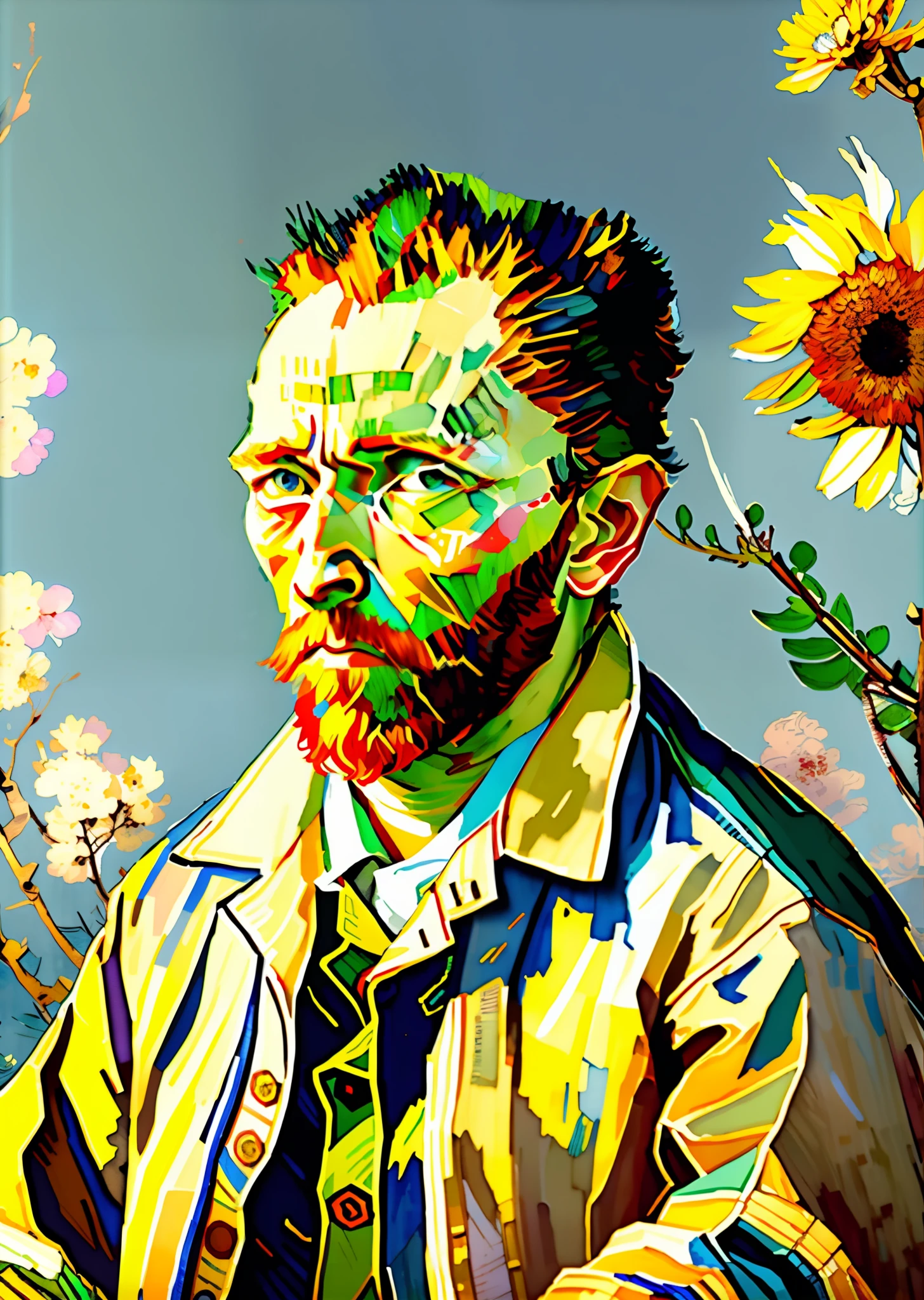 wtrcolor style, Digital art of (Vincent van Gogh) official art, frontal, smiling, masterpiece, Beautiful, watercolor, face paint, paint splatter, intricate details.
