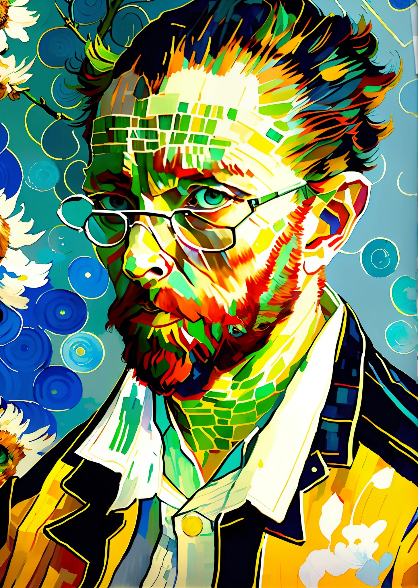 wtrcolor style, Digital art of (Vincent van Gogh) official art, frontal, smiling, masterpiece, Beautiful, watercolor, face paint, paint splatter, intricate details.