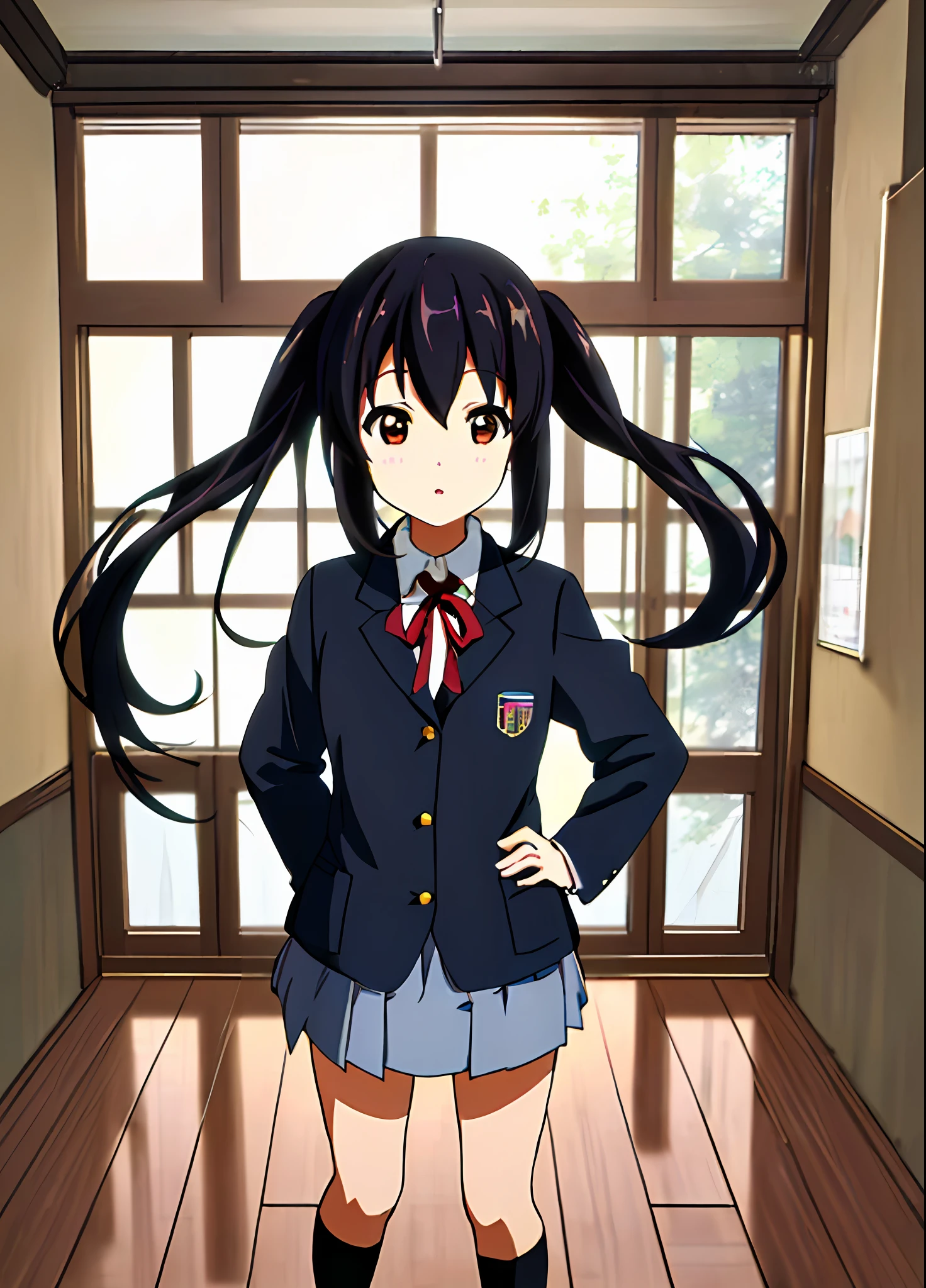 1girl, ((((Masterpiece))), Best Quality, Best Quality, High Detail, Azusa Nakano, 1girl, Sakuragaoka High School Uniform, Musical Instrument, School Uniform, Twin Tails, Long Hair, Black Hair, Brown Eyes, Solo, Red, Dark blue blazer with a thin ribbon of red, Solid white button shirt under blazer, Illustration, Cartoon, Soothing tones, Muted colors, Soft cinematic light, Adobe Lightroom, Photo Lab, HDR, complex and highly detailed, (((depth of field))))). (((Masterpiece))). (((highest quality))).) ((super detail))). (((Illustration))). (((Indoor))). (((hands on hips)))). Breasts,(((room))).dynamic focus.small breasts.