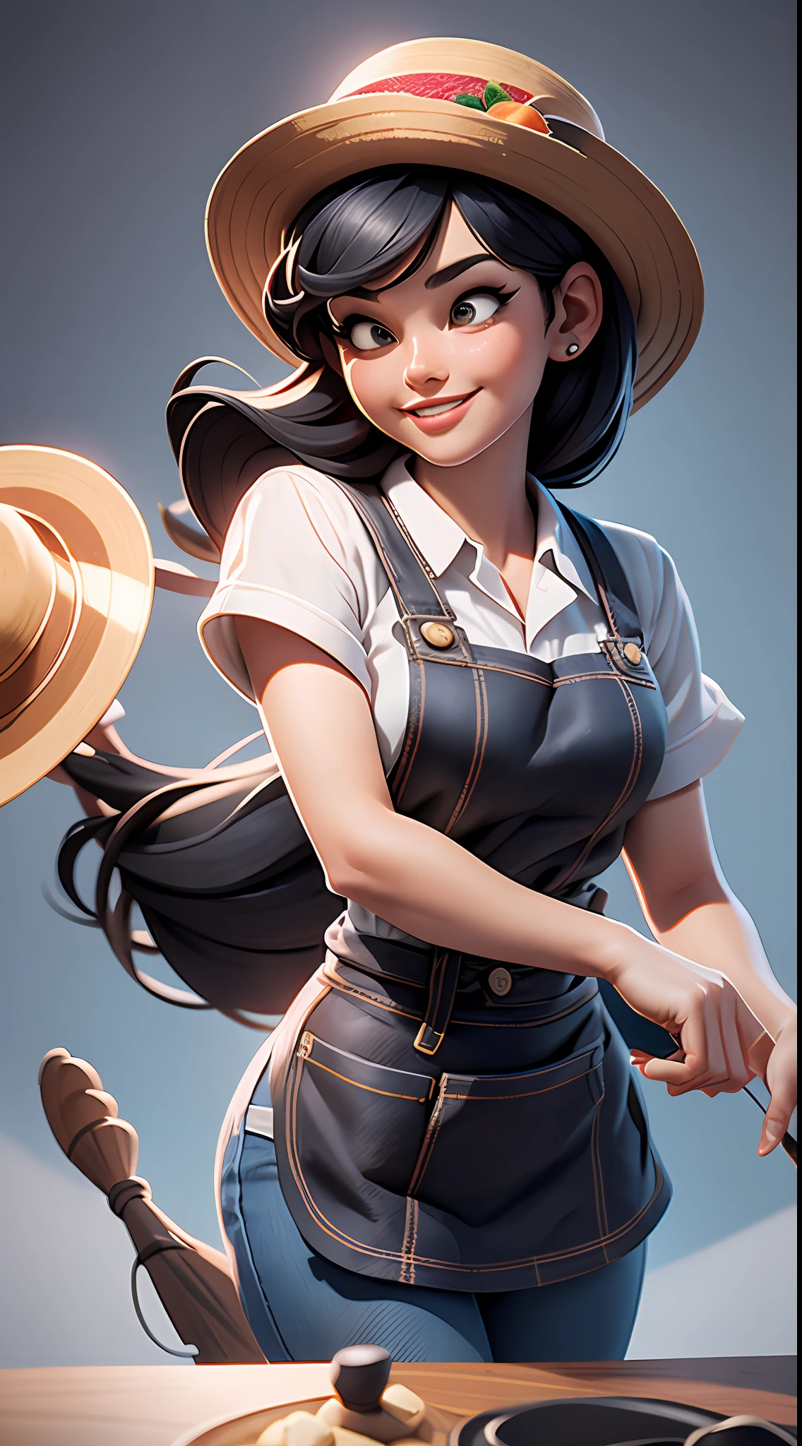 Best quality, realistic, award-winning illustration, (tricky detail: 1.2), (fine detail), (tricky detail), (cinematic lights, best quality), sharp lines, sharp focus, official artwork, 16k, A beautiful woman with smiling face, wearing straw hat, wearing June party hat, June parties, splash bottom flying dishes, floating dishes, a beautiful young chef, wearing black apron with colorful plaid blouse in color, Wearing jeans, medium black hair, holding a white plate, splash of flying cymbals, character design by George Lucas style, white background.