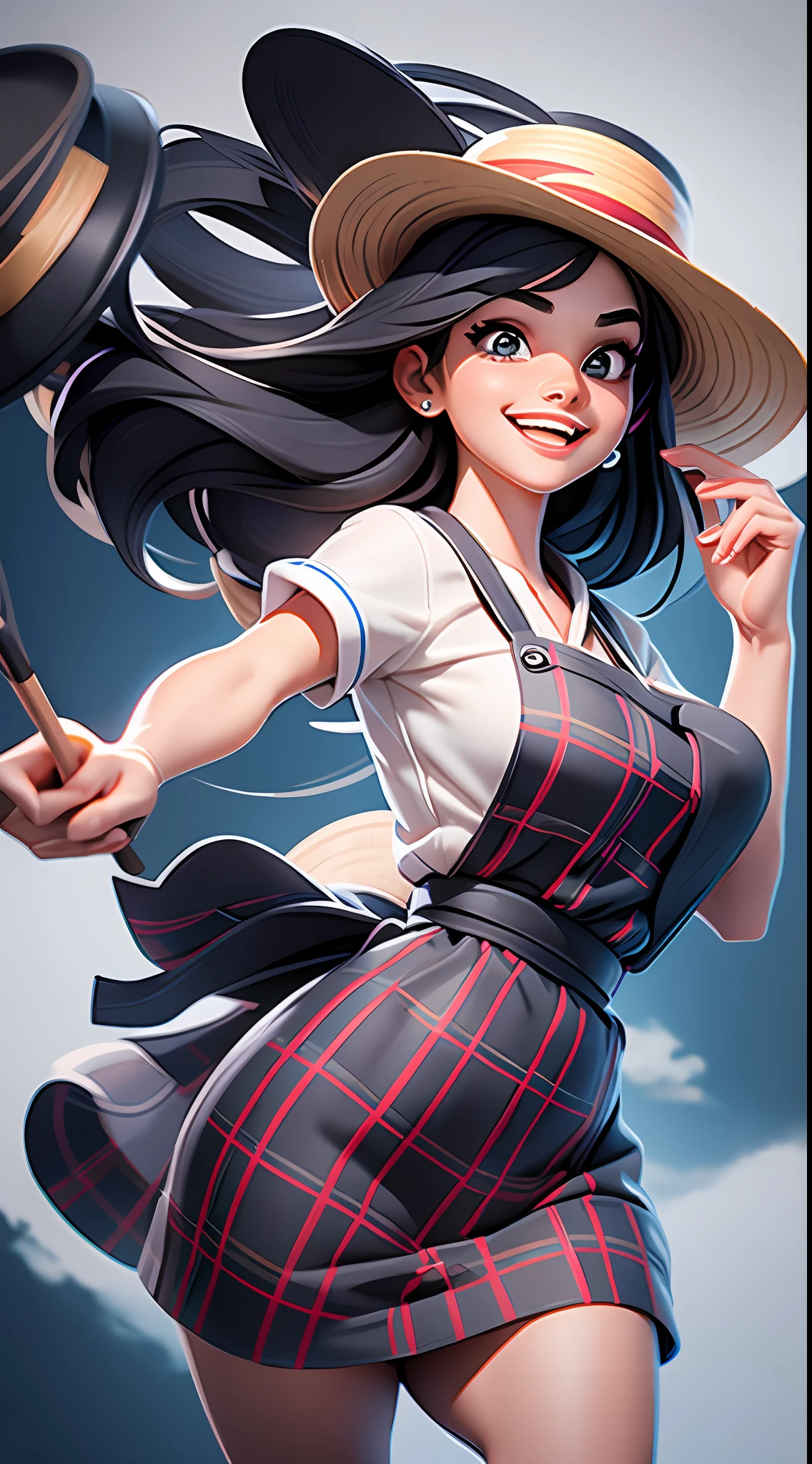 Best quality, realistic, award-winning illustration, (tricky detail: 1.2), (fine detail), (tricky detail), (cinematic lights, best quality), sharp lines, sharp focus, official artwork, 16k, A beautiful woman with smiling face, wearing straw hat, wearing June party hat, June parties, splash bottom flying dishes, floating dishes, a beautiful young chef, wearing black apron with colorful plaid blouse in color,  Wearing jeans, medium black hair, holding a white plate, splash of flying cymbals, character design by George Lucas style, white background.