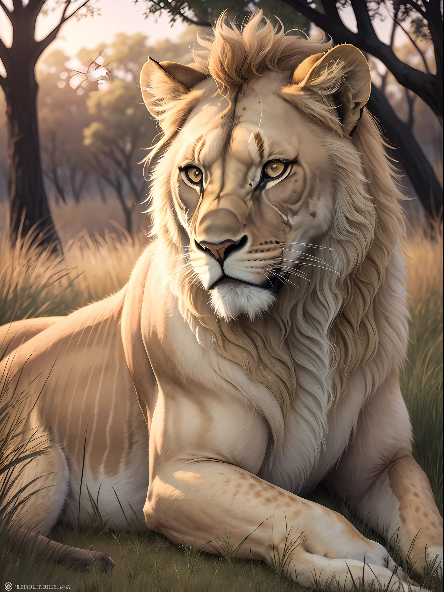 Lioness on the African savannah at dusk, lying on her side, fur golden by sunlight, tall grass sun and trees in the background, imposing and majestic figure, hyperrealistic, high resolution photo --auto --s2