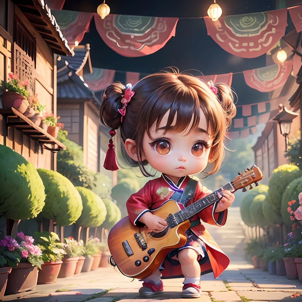 10k ultra HD vivid colors masterpiece ultra cinematic resolution, digital art style baby Chibi, a girl, full body big head, Chinese, light brown eyes, chinese clothes, wm scenery a garden playing guitar --auto --s2