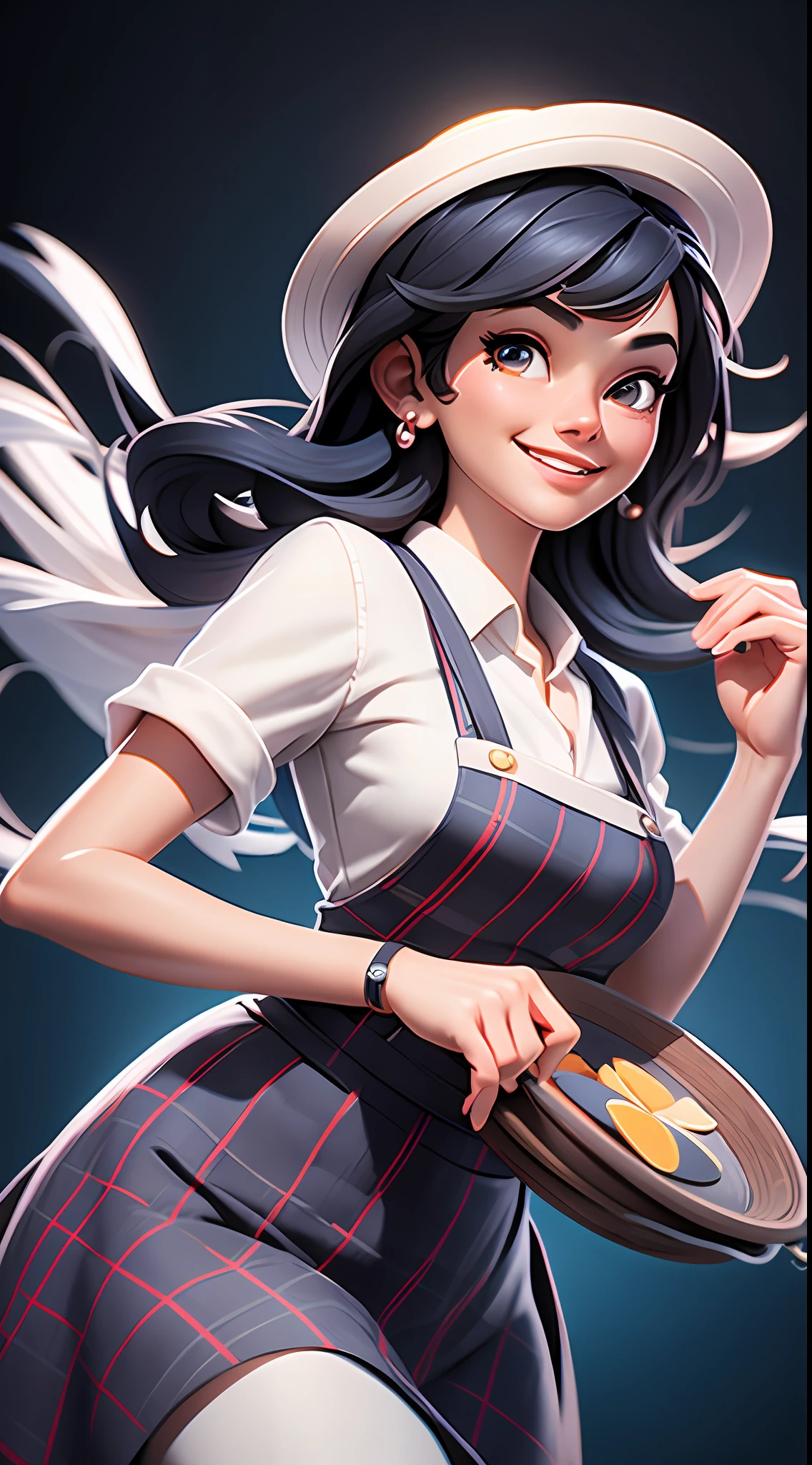Best quality, realistic, award-winning illustration, (tricky detail: 1.2), (fine detail), (tricky detail), (cinematic lights, best quality), sharp lines, sharp focus, official artwork, 16k, A beautiful woman with smiling face, wearing straw hat, wearing June party hat, June parties, splash bottom flying dishes, floating dishes, a beautiful young chef, wearing black apron with colorful plaid blouse in color, Wearing jeans, medium black hair, holding a white plate, splash of flying cymbals, character design by George Lucas style, white background.