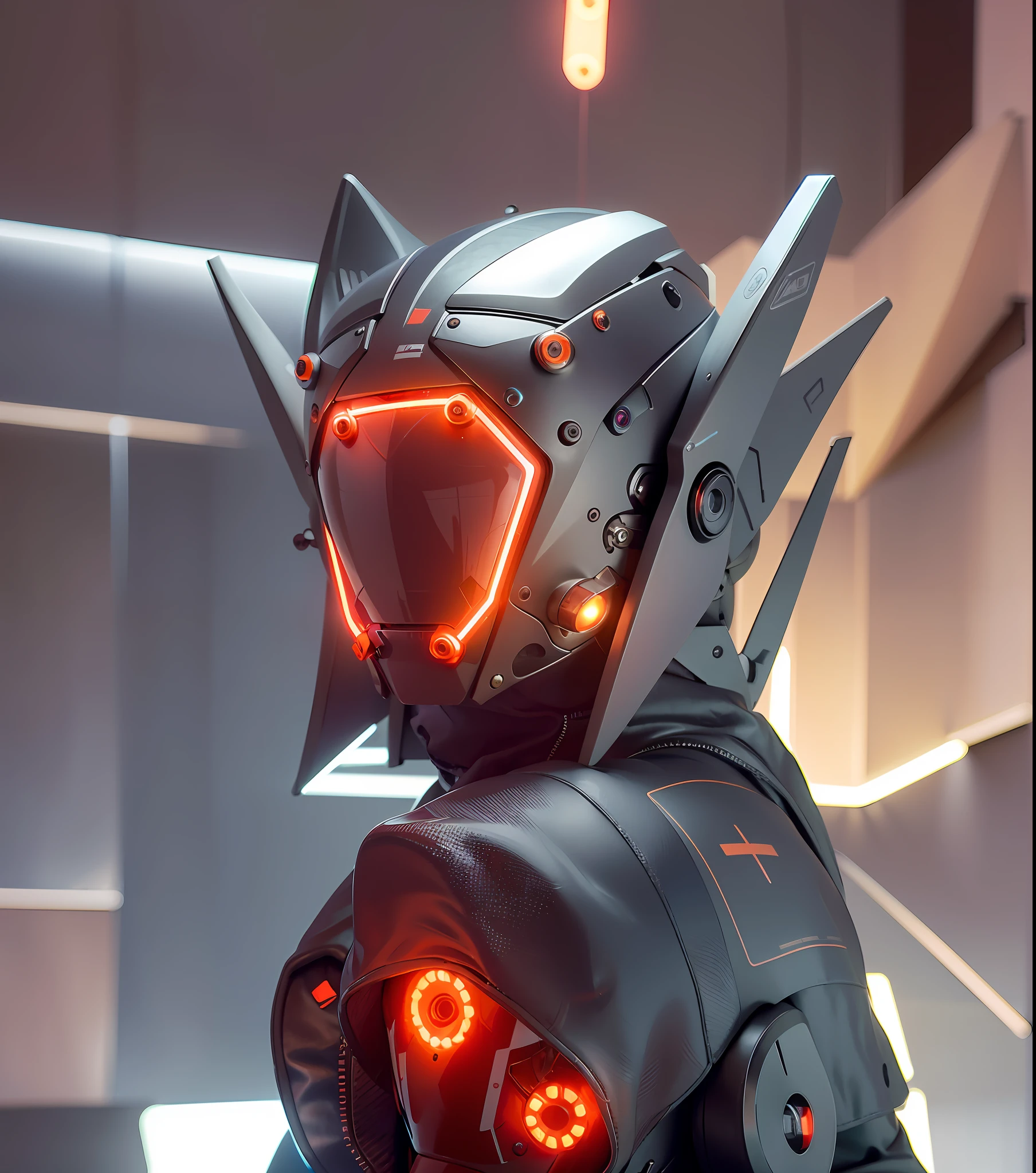 masterpiece, best quality, a close up of a futuristic looking cyborg girl with a fantastic cyberhelmet head with red triangle led lights and a halo, wearing a orange techwear jacket, white background