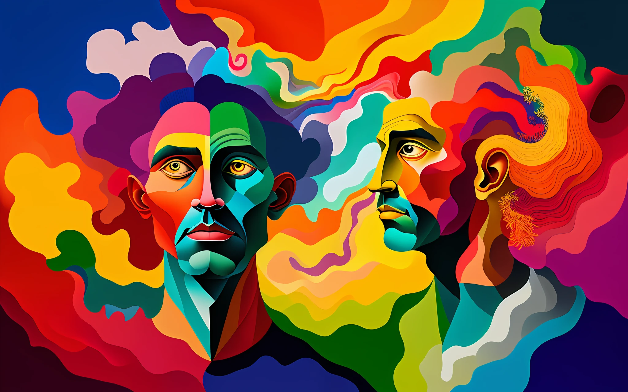surreal gouache portrait painting of a man opening the fabric of creation, vivid colors