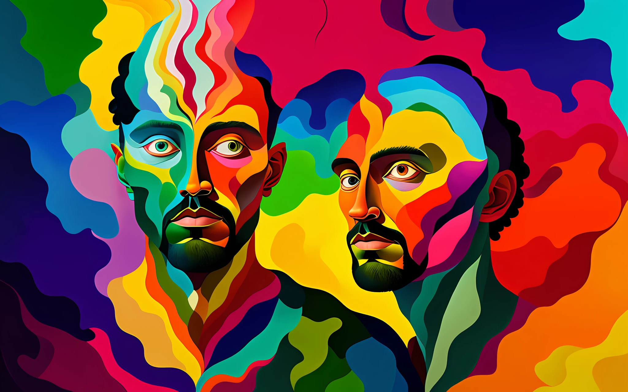 surreal gouache portrait painting of a man opening the fabric of creation, vivid colors