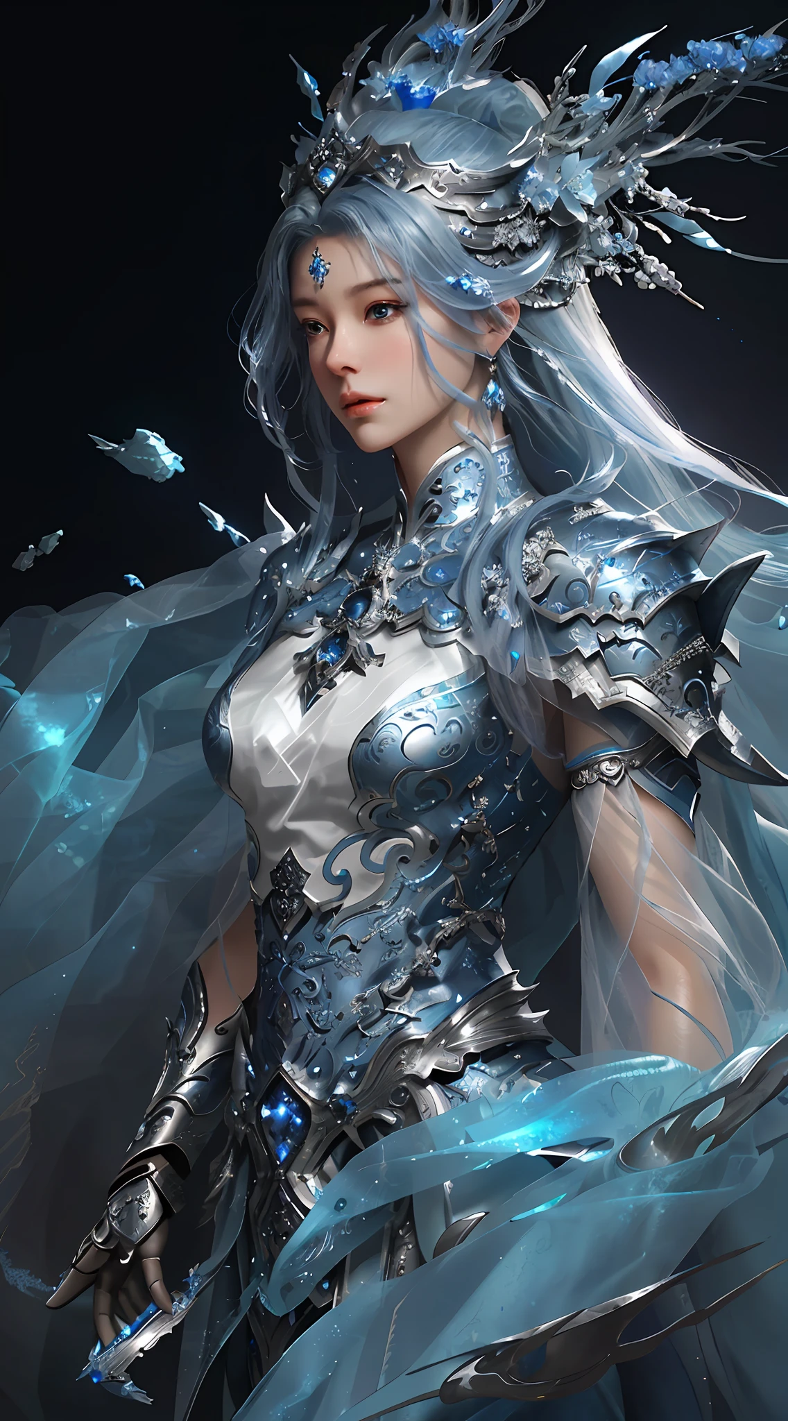 a close up of a woman in a silver and blue dress, chengwei pan on artstation, by Yang J, detailed fantasy art, stunning character art, fanart best artstation, epic exquisite character art, beautiful armor, extremely detailed artgerm, detailed digital anime art, artgerm on artstation pixiv, armor girl