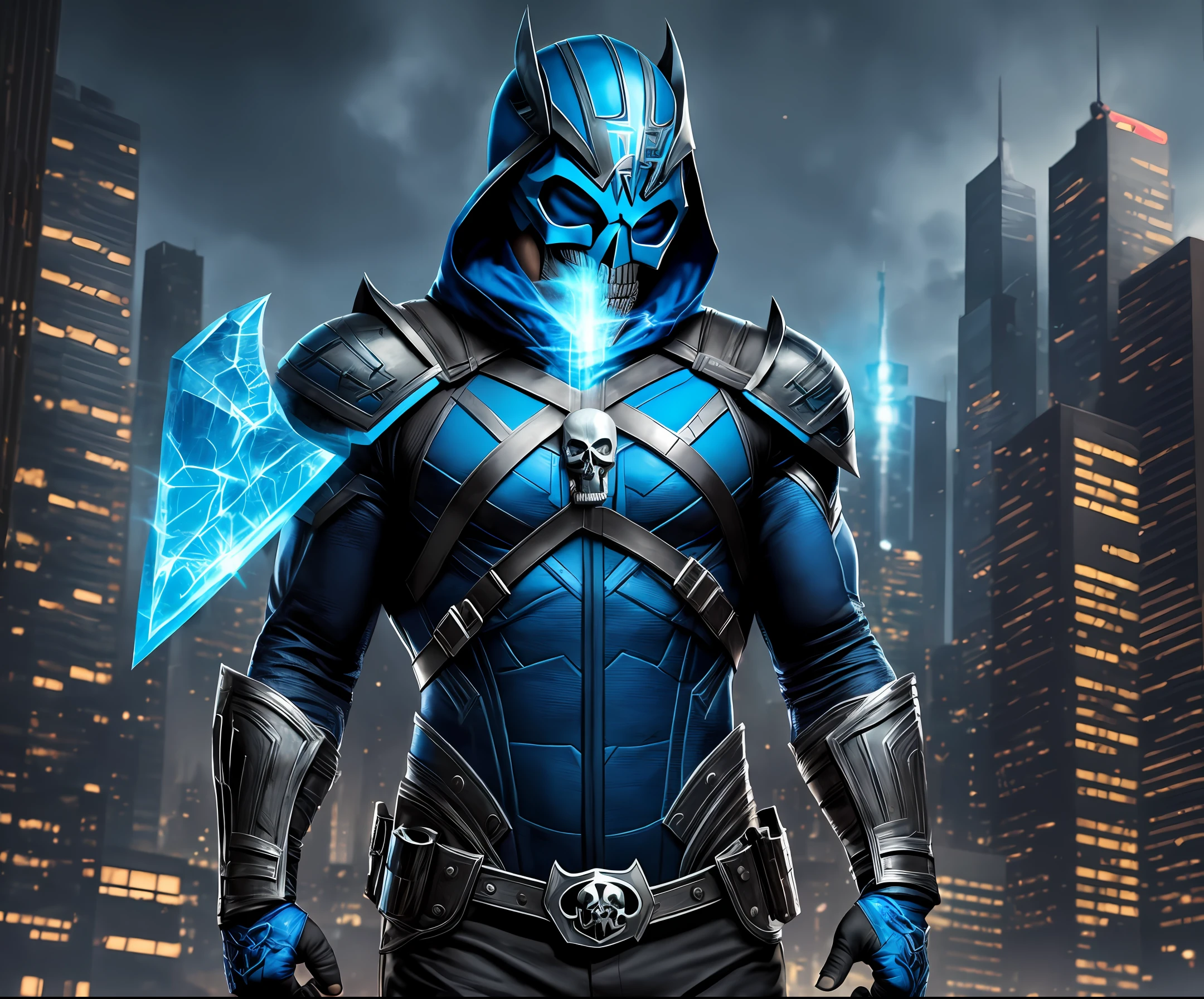 (Man in blue superhero outfit), (skull mask), (holding a black axe), (city background), 8k, hyperrealistic, masterpiece --auto --s2