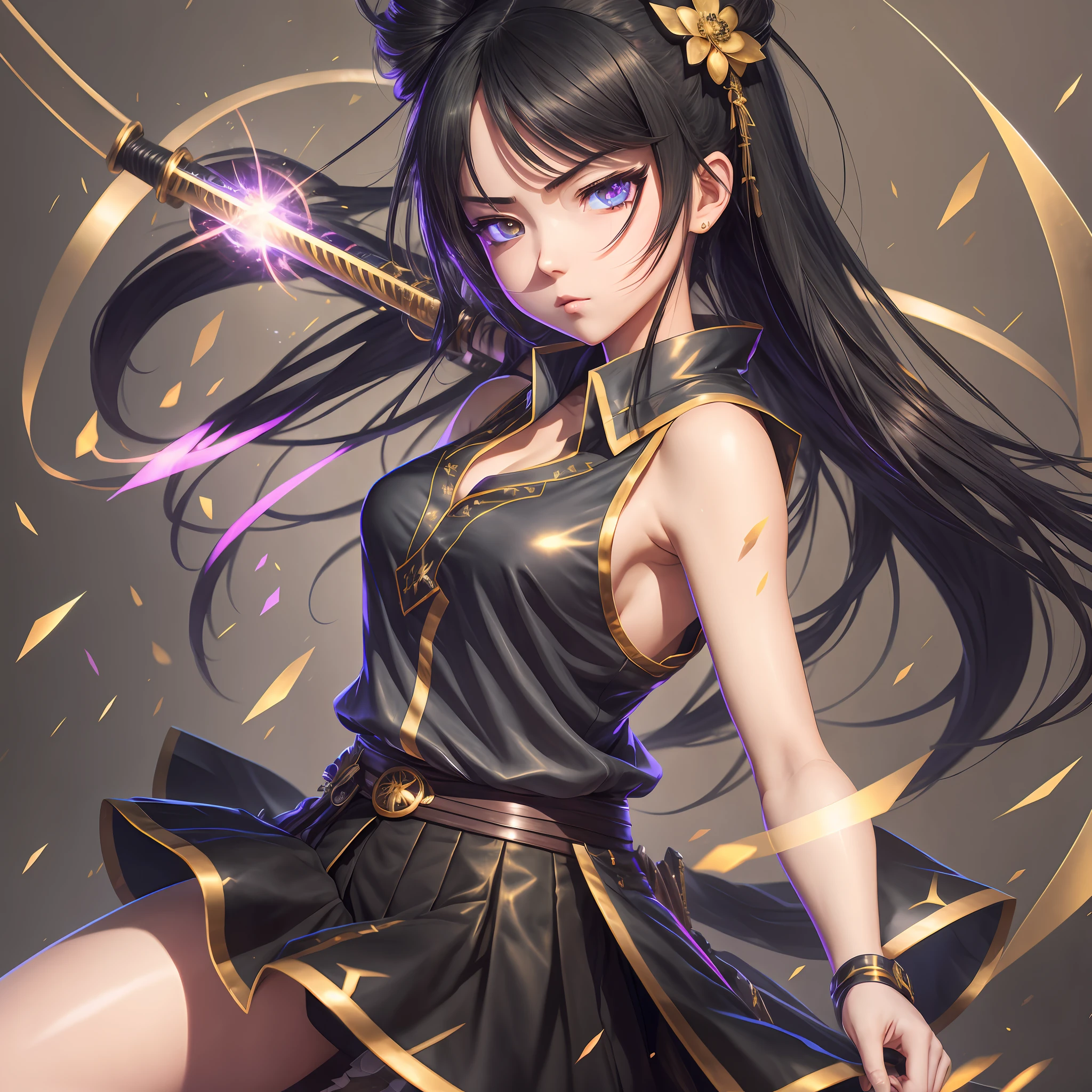 8k high definition, girl, anime, sleeveless blouse, short skirt, battle poze, black hair, golden eyes, katana. --auto --s2