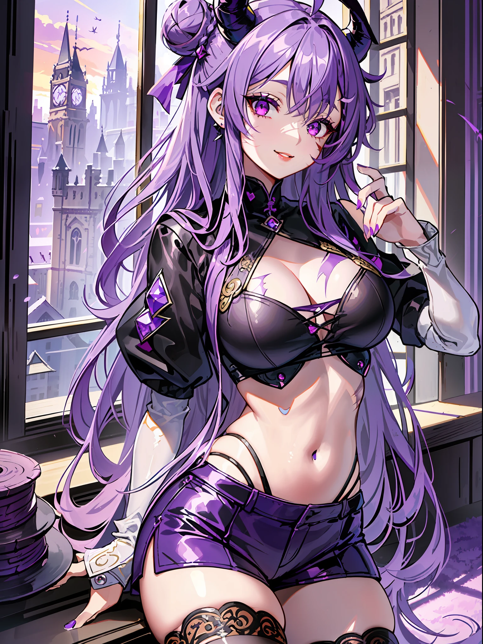 ((highest quality, masterpiece, 4k, finely detailed, detailed eyes, detailed face, intricate details, gelbooru, pixiv)), warm lighting, ((solo)), 1girl, ((long curly purple hair, twin buns, demon horns, bangs with big middle piece, ahoge)), ((purple eye color, sharp and gentle eye shape)), strong confident pose, dynamic pose, looking at viewer, lips slightly parted, full lips, smiling, purple color scheme, slightly bigger than medium sized, soft breasts, (top with boob window, hot pants, stockings, modern clothing), (((scar on nose))), city background
