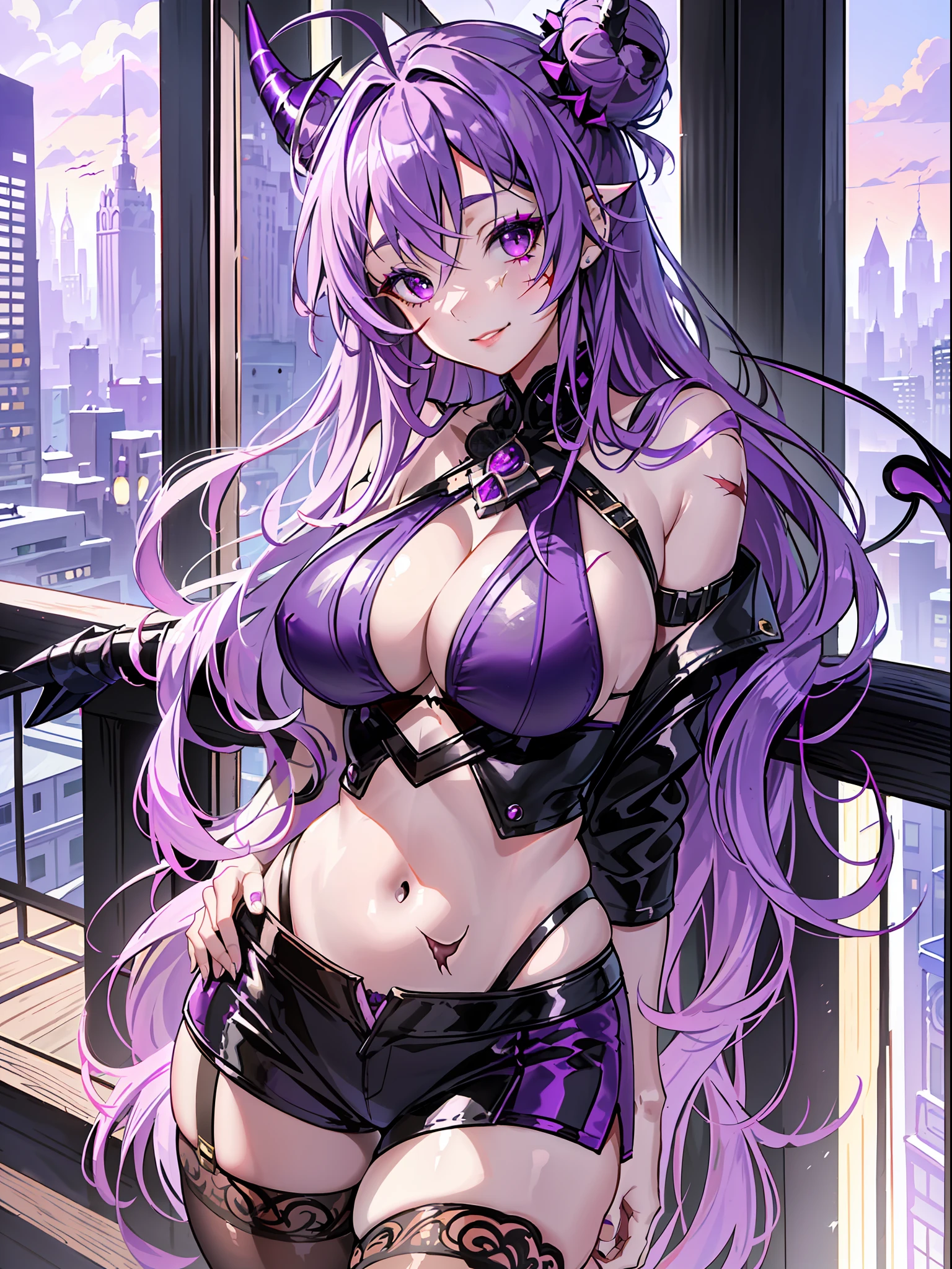 ((highest quality, masterpiece, 4k, finely detailed, detailed eyes, detailed face, intricate details, gelbooru, pixiv)), warm lighting, ((solo)), 1girl, ((long curly purple hair, twin buns, demon horns, bangs with big middle piece, ahoge)), ((purple eye color, sharp and gentle eye shape)), strong confident pose, dynamic pose, looking at viewer, lips slightly parted, full lips, smiling, purple color scheme, slightly bigger than medium sized, soft breasts, (top with boob window, hot pants, stockings, modern clothing), (((scar on nose))), city background