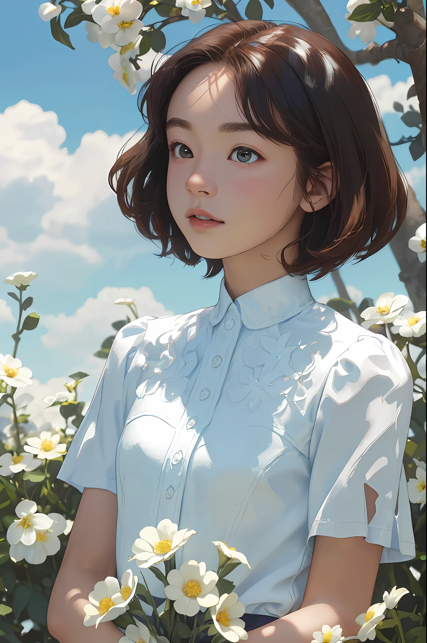 (masterpiece, top quality), depth of field, 1girl, fine detail, high detail, high quality shadows, beautiful detail, (bokeh: 1.5), Canon EOS shooting, Sigma Art lens 35mm f1.4, ISO 2000 shutter speed 2000, backlight,
solo, flower, outdoors, letterbox, day, sky, clouds, sunlight, white shirt, upper body, from the side, blurry,blue sky, (high detail skin, skin details)
 , look at the viewer, short-haired, short-sleeved, parted lips, shirt, brown hair,