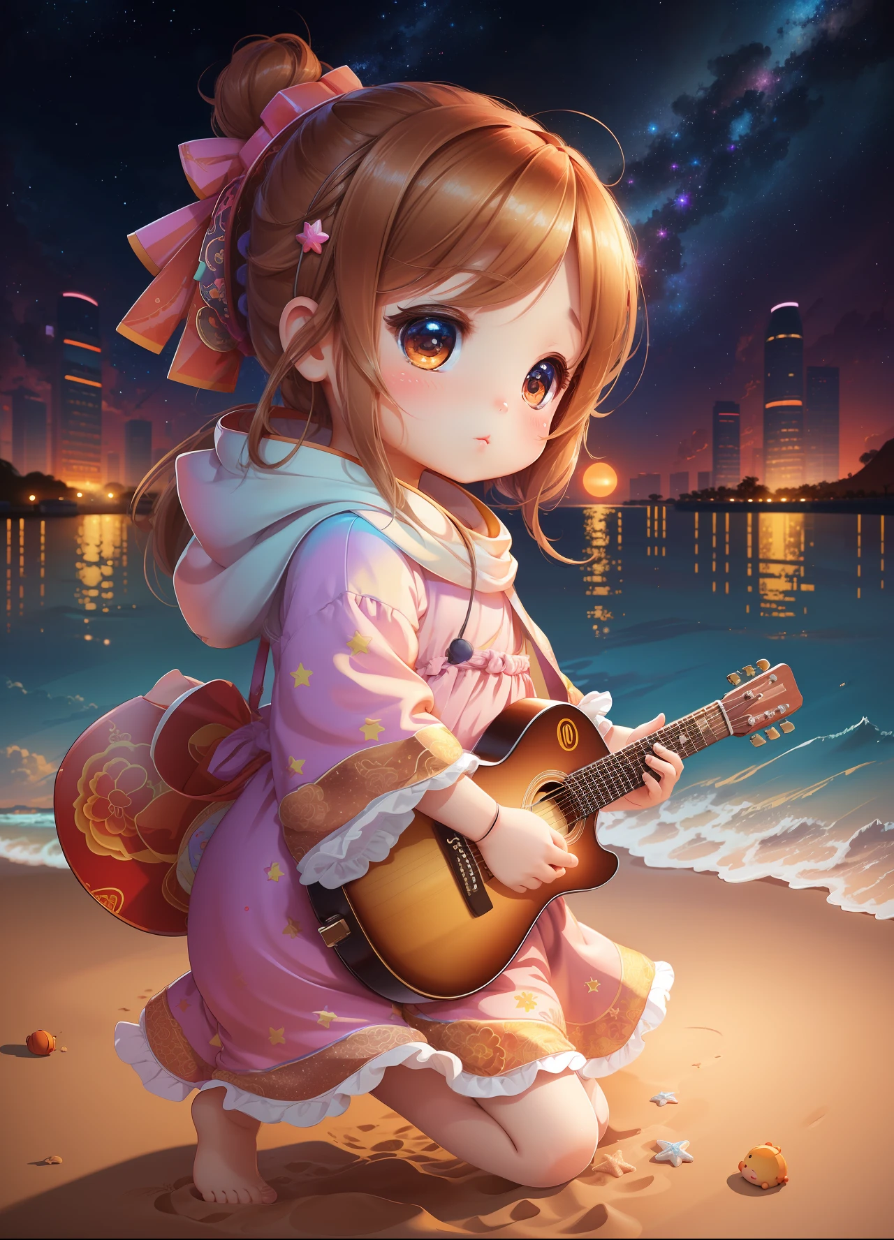10k ultra HD vivid colors masterpiece ultra cinematic resolution, digital art style baby Chibi, a girl, full body big head, Chinese, light brown eyes, chinese clothes, scenery on the beach at night starry sky playing guitar --auto --s2