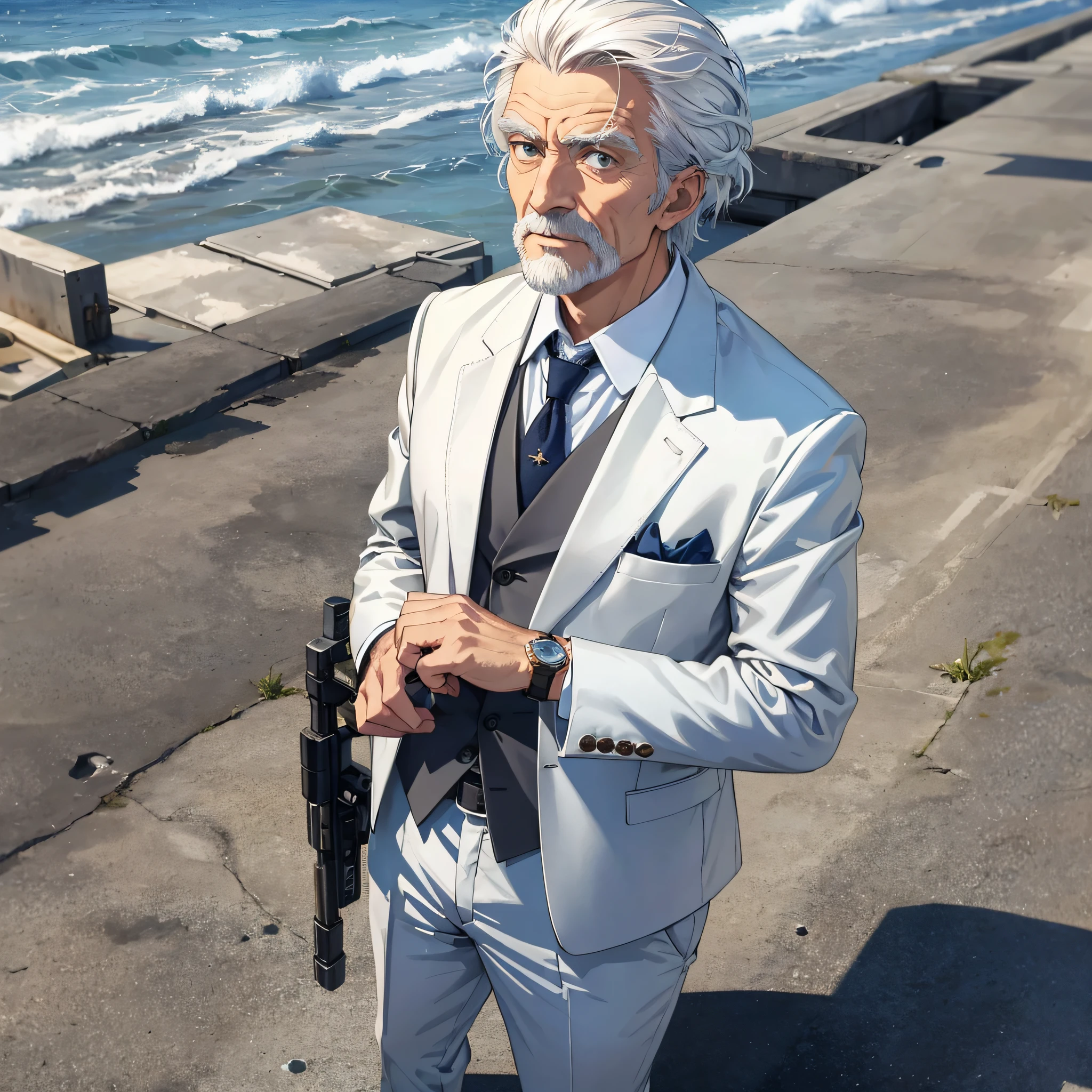 At the weapons testing ground at the empty dock by the sea, the white-haired old man in a suit (1.3), looking at his watch, has a serious expression