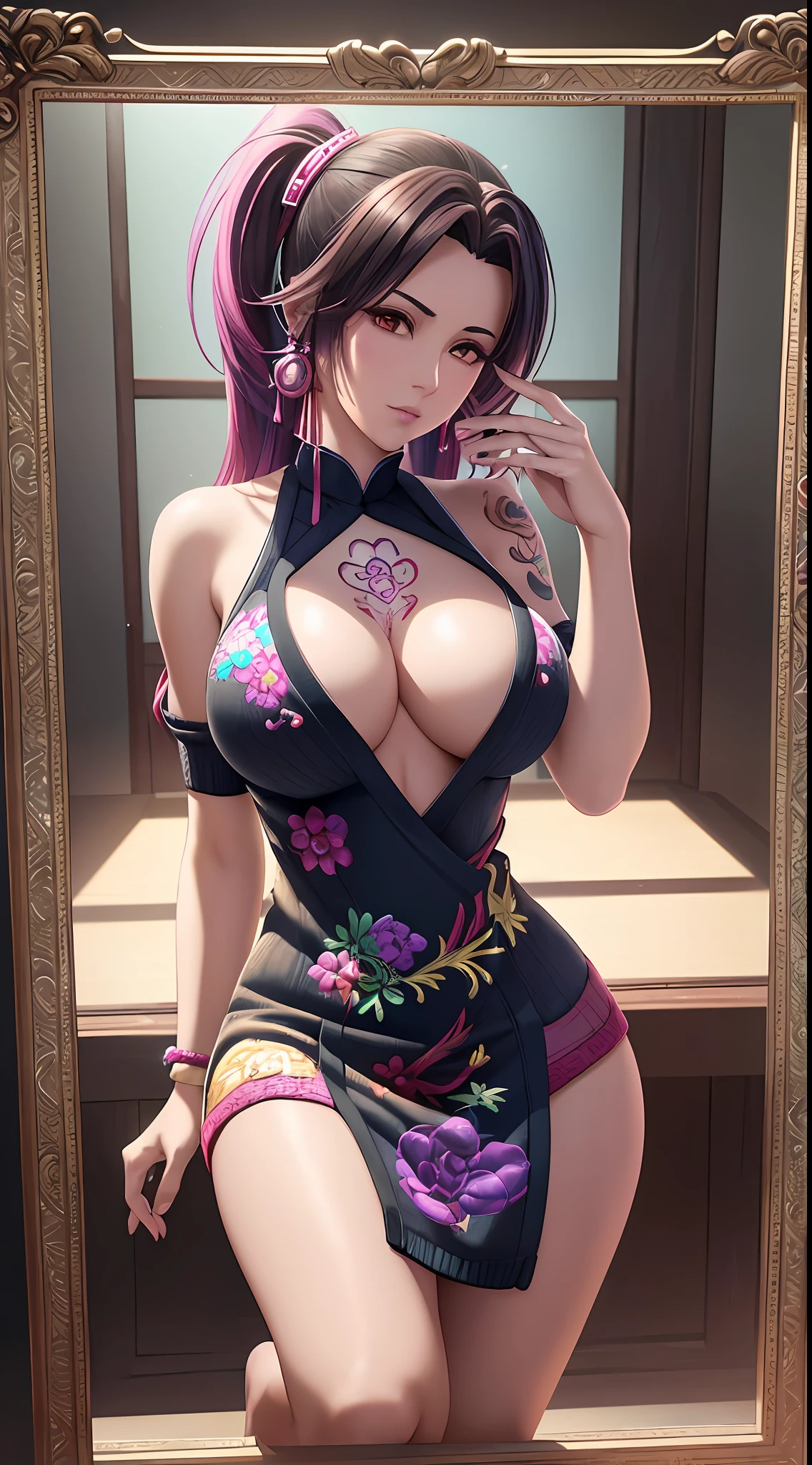 nighttime,full body,KOF:Mai Shiranui ,(((Wearing vibrant rainbow color scheme art, Suzhou embroidery technology; knitted sweater hole dress))),The mirror, Masterpiece,best quality,official art,extremely detailed 3DCG unity 8k, ( ##tattoo ##,tattoo, ~+ tattoo),(Perfect female curves, huge breast),(A seductive gaze), Facing the camera, Pink lips,Delicate fingers and hands,magic hour, Rembrandt lighting, front lighting and fill lighting, hard shadow, Arnold render,