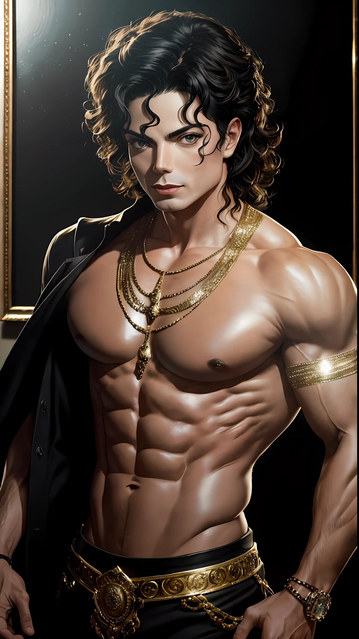 8k portrait of michael jackson Bodybuilder, shirtless, intricate, 50 years, las vegas, full body, looking at the camera, elegant, (black eyes), highly detailed, majestic, digital photography, art by artgerm and ruan jia and greg rutkowski , black hair, broken glass around (masterpiece, side lighting, beautiful finely detailed eyes: 1.2 ), hdr