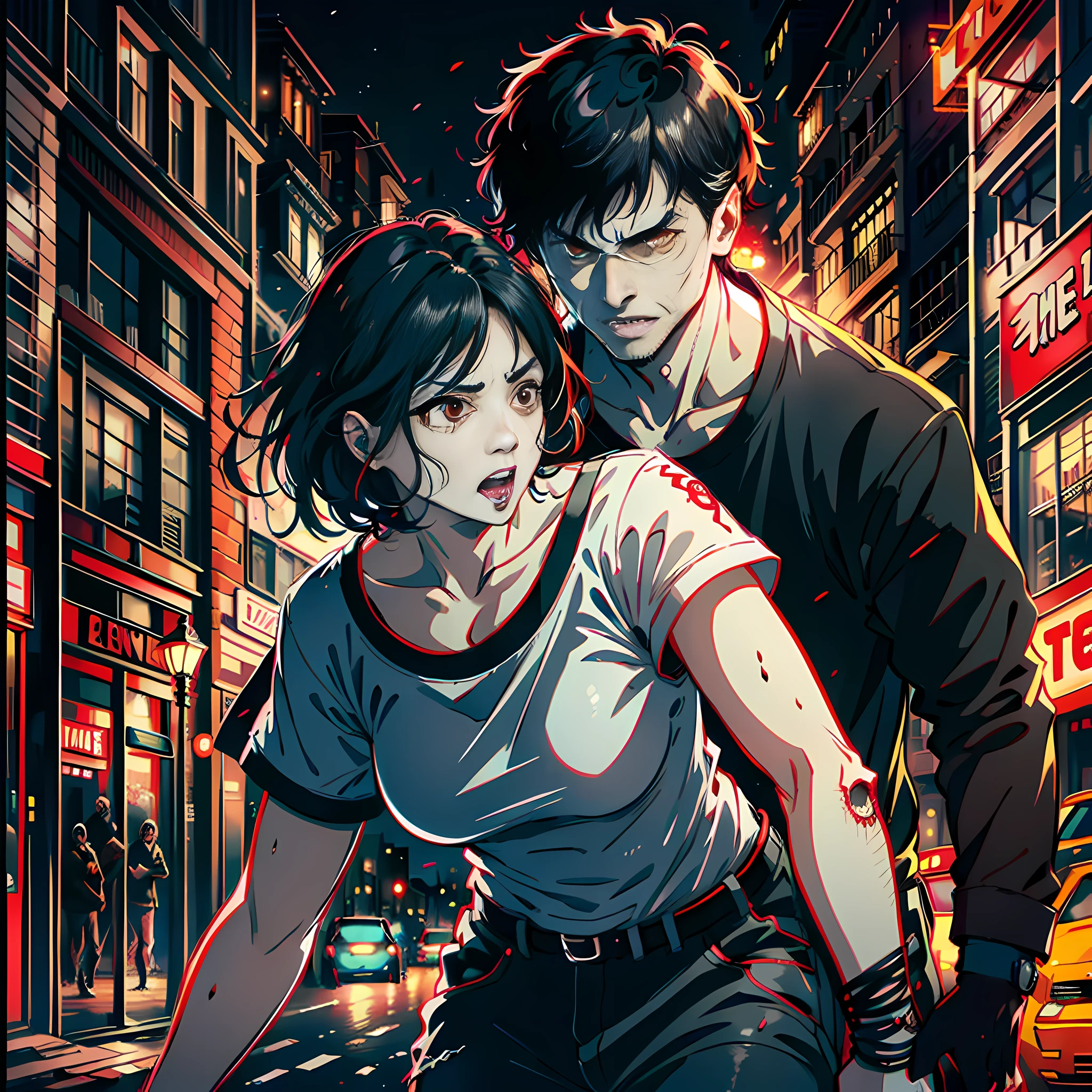 City night, red moon, a man pounced on a middle-aged woman, the man is about to turn into a zombie, super high detail, the man is black short sleeves, black hair, red eyes, showing teeth, horror, super high detail, high real, 4K, chiaroscuro, super high detail